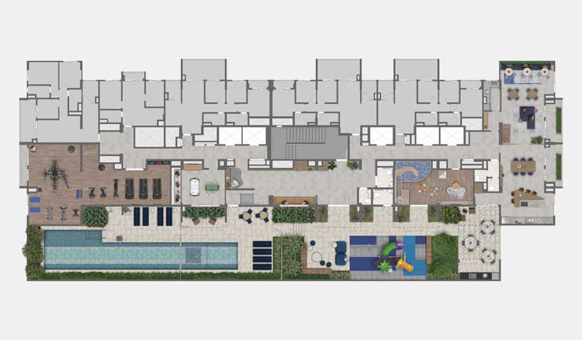 Lume House Vila Prudente — implantação do 3º pavimento de lazer com piscinas, fitness e áreas sociais — curadoria iApartamentos — Vila Prudente