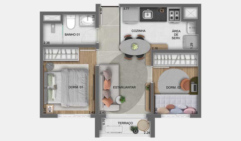 Lume House Vila Prudente — planta do apartamento de 38 m², final 10, com 2 dormitórios e sem vaga — curadoria iApartamentos — Vila Prudente
