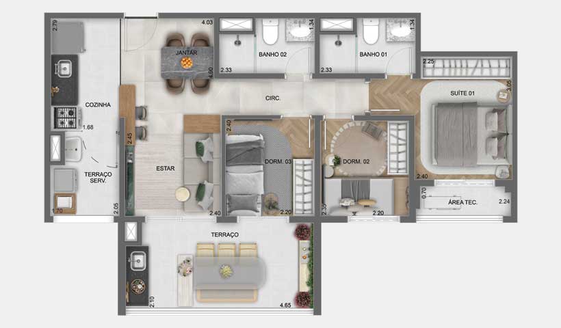 Lume House Vila Prudente — planta tipo do apartamento de 69 m², final 08, com 3 dormitórios (1 suíte) e 1 vaga — curadoria iApartamentos — Vila Prudente