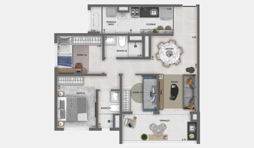 Lume House Vila Prudente — planta tipo do apartamento de 71 m², final 11, com 3 dormitórios (1 suíte) e 1 vaga — curadoria iApartamentos — Vila Prudente