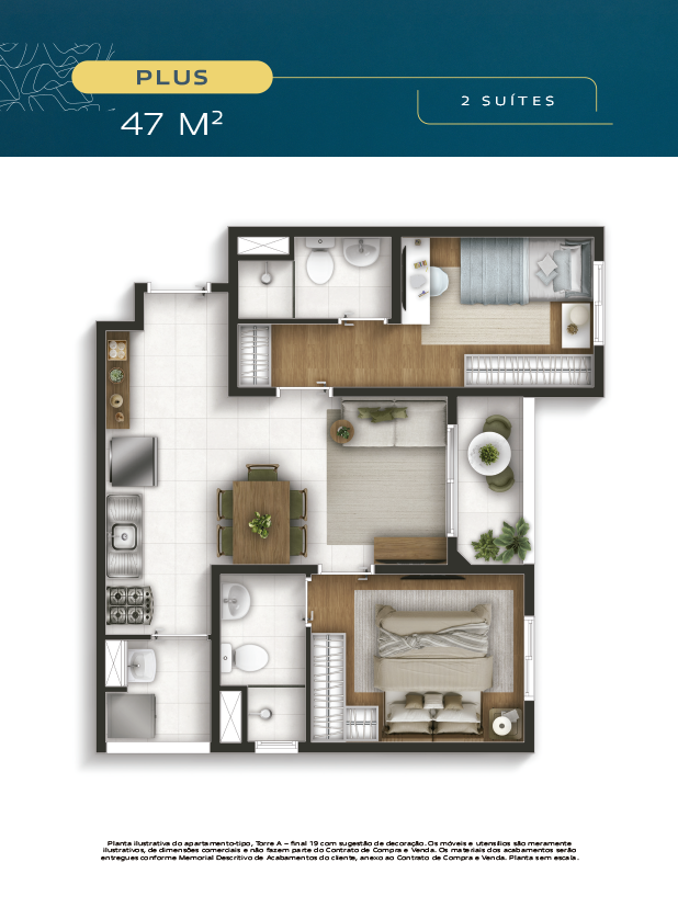 WELL Perdizes - Planta 2 suítes — 47 m²