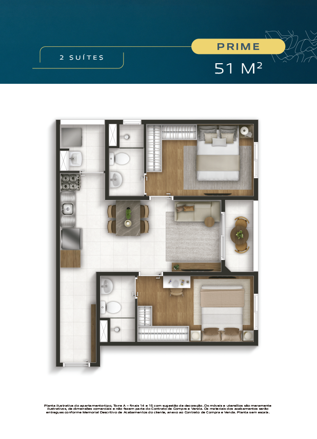 WELL Perdizes - Planta 2 suítes —  51 m²