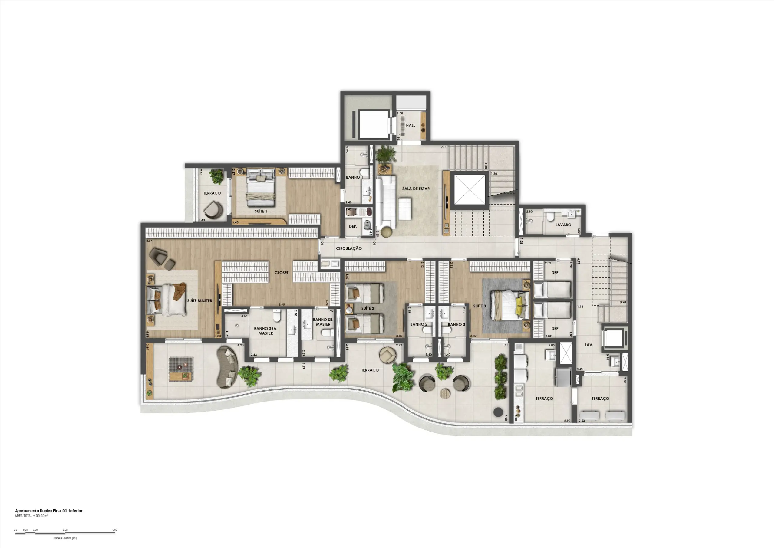 Cobertura Duplex do Bosque Cerejeiras - Planta Duplex de 568 m² (Piso Inferior) 