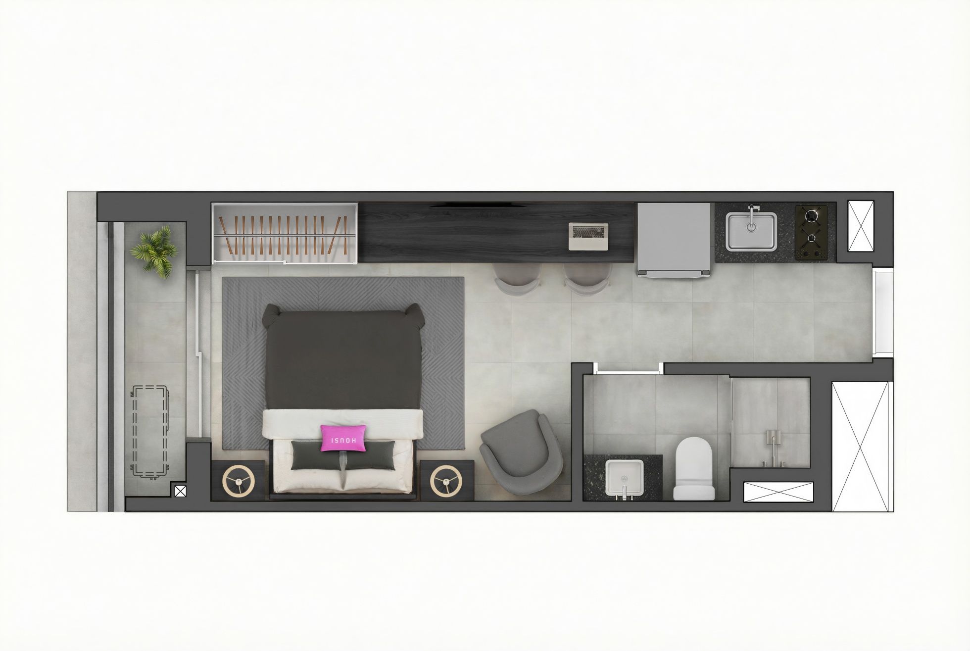 Planta do studio de 24 m² do Vitacon Cardoso de Almeida, final 27, com ambiente único integrado e banheiro