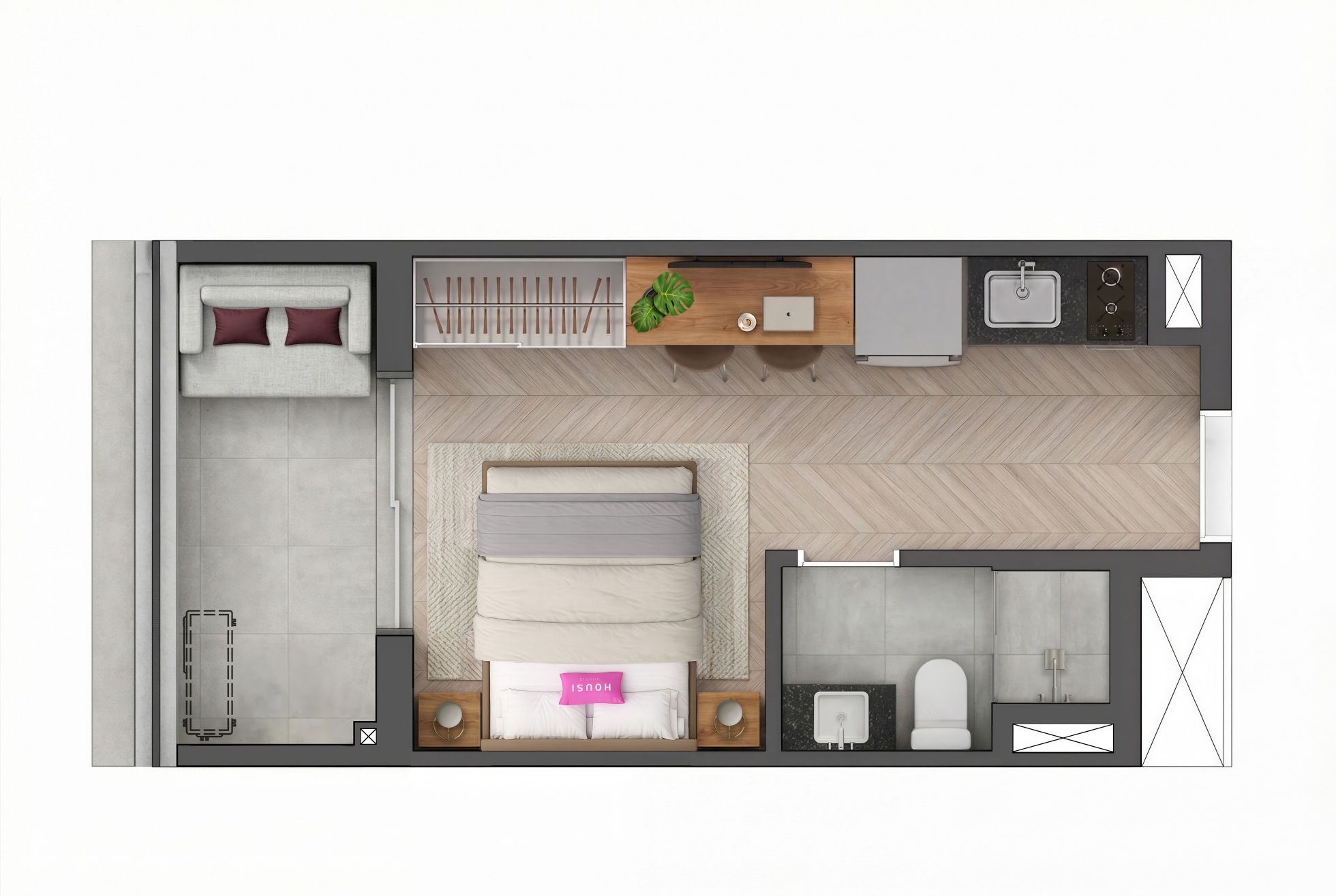 Planta do studio de 25 m² do Vitacon Cardoso de Almeida, finais 11, 13 e 15, com living, cozinha e banheiro