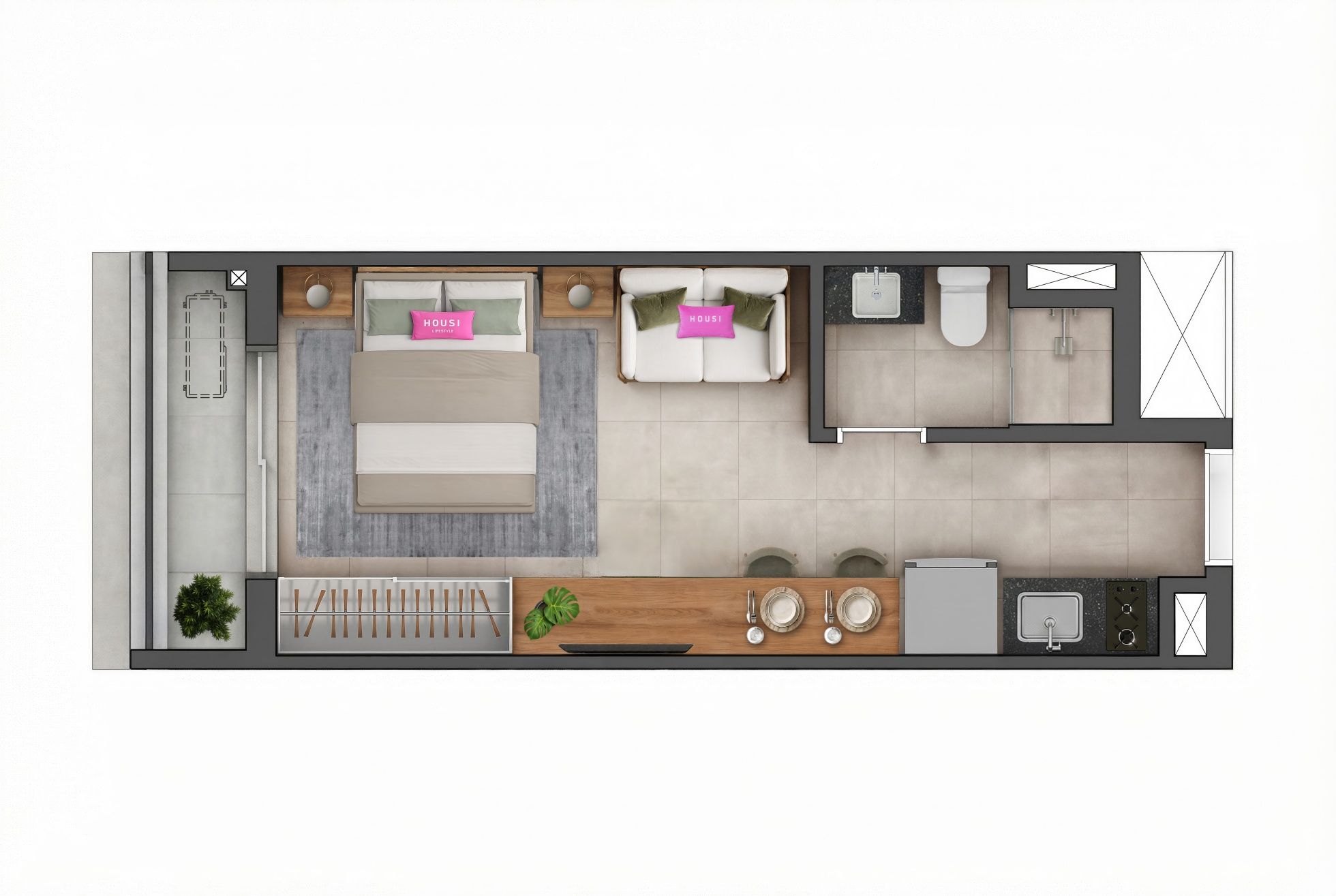 Planta do studio de 26 m² do Vitacon Cardoso de Almeida, final 01, com ambiente integrado, banheiro e varanda