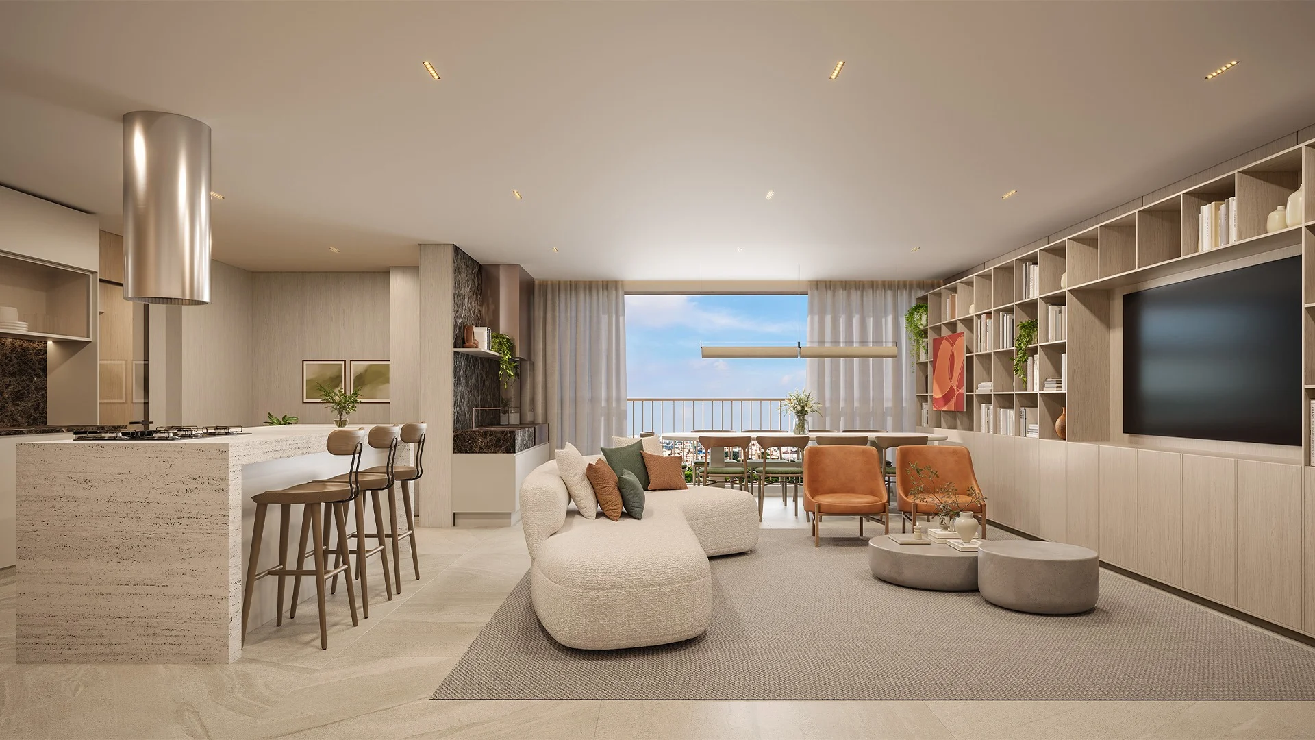 Alameda Mará, living integrado à cozinha de apartamento residence | curadoria iApartamentos | Moema