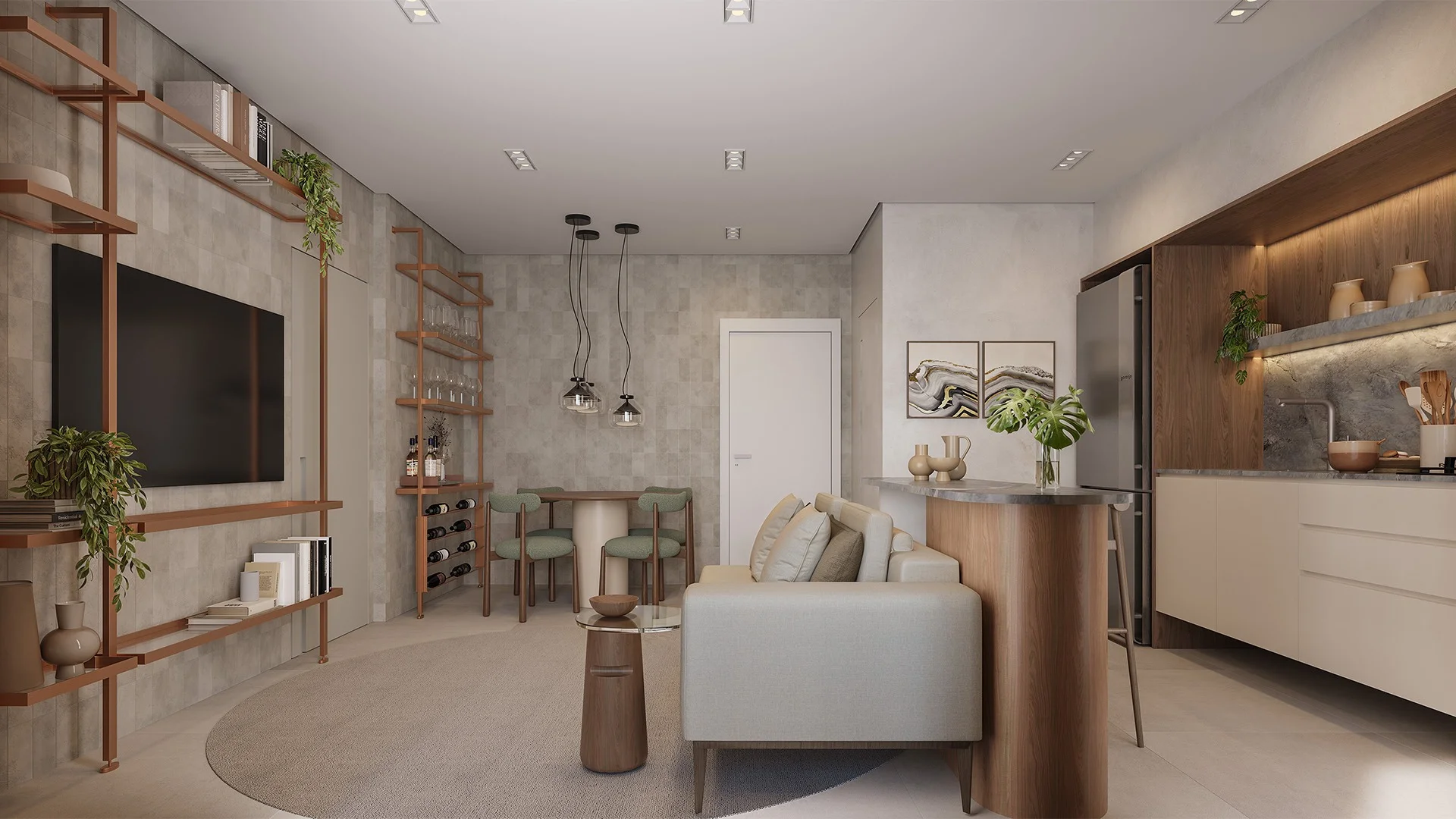 Alameda Mará, living com cozinha integrada de apartamento residence | curadoria iApartamentos | Moema