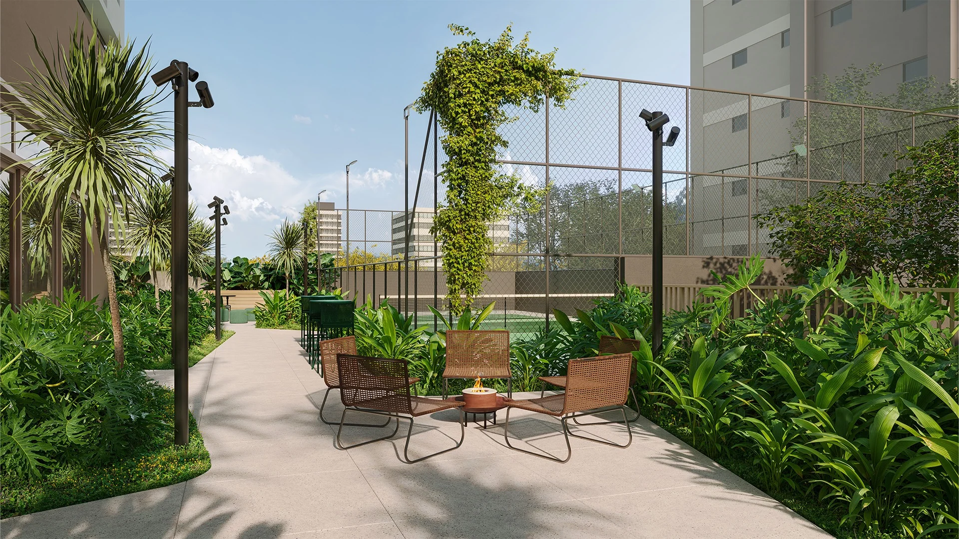 Alameda Mará, lounge externo com fire place junto à quadra | curadoria iApartamentos | Moema