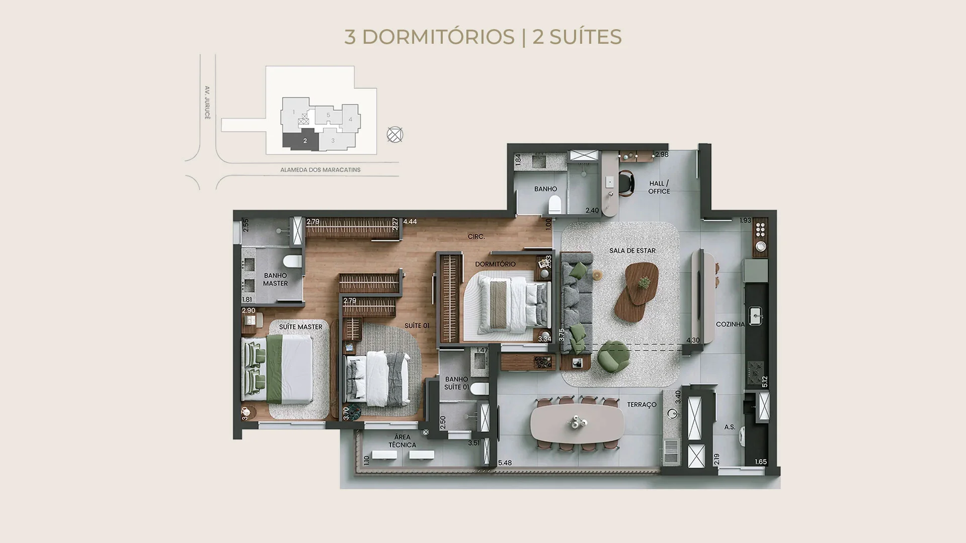 Alameda Mará, planta de 130 m² com 3 dormitórios, sendo 2 suítes | curadoria iApartamentos | Moema