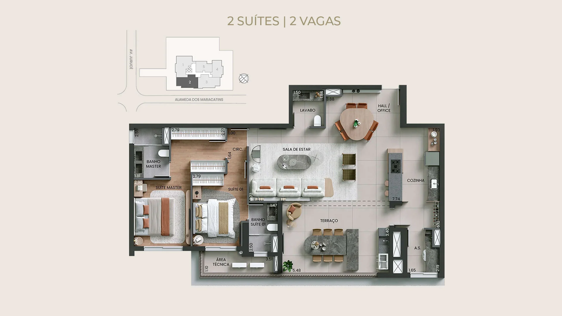 Alameda Mará, planta-opção de 130 m² com 2 suítes e living ampliado | curadoria iApartamentos | Moema