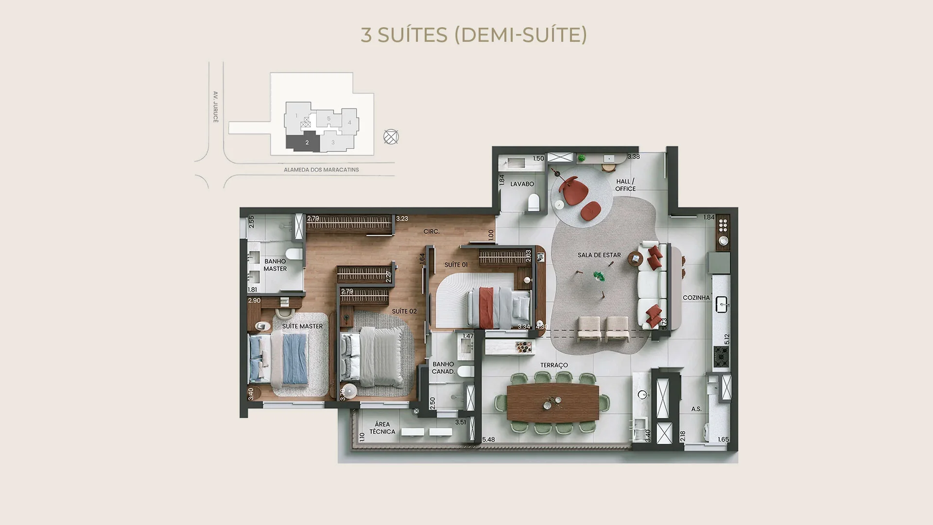 Alameda Mará, planta-opção de 130 m² com 3 suítes (demi-suíte) | curadoria iApartamentos | Moema
