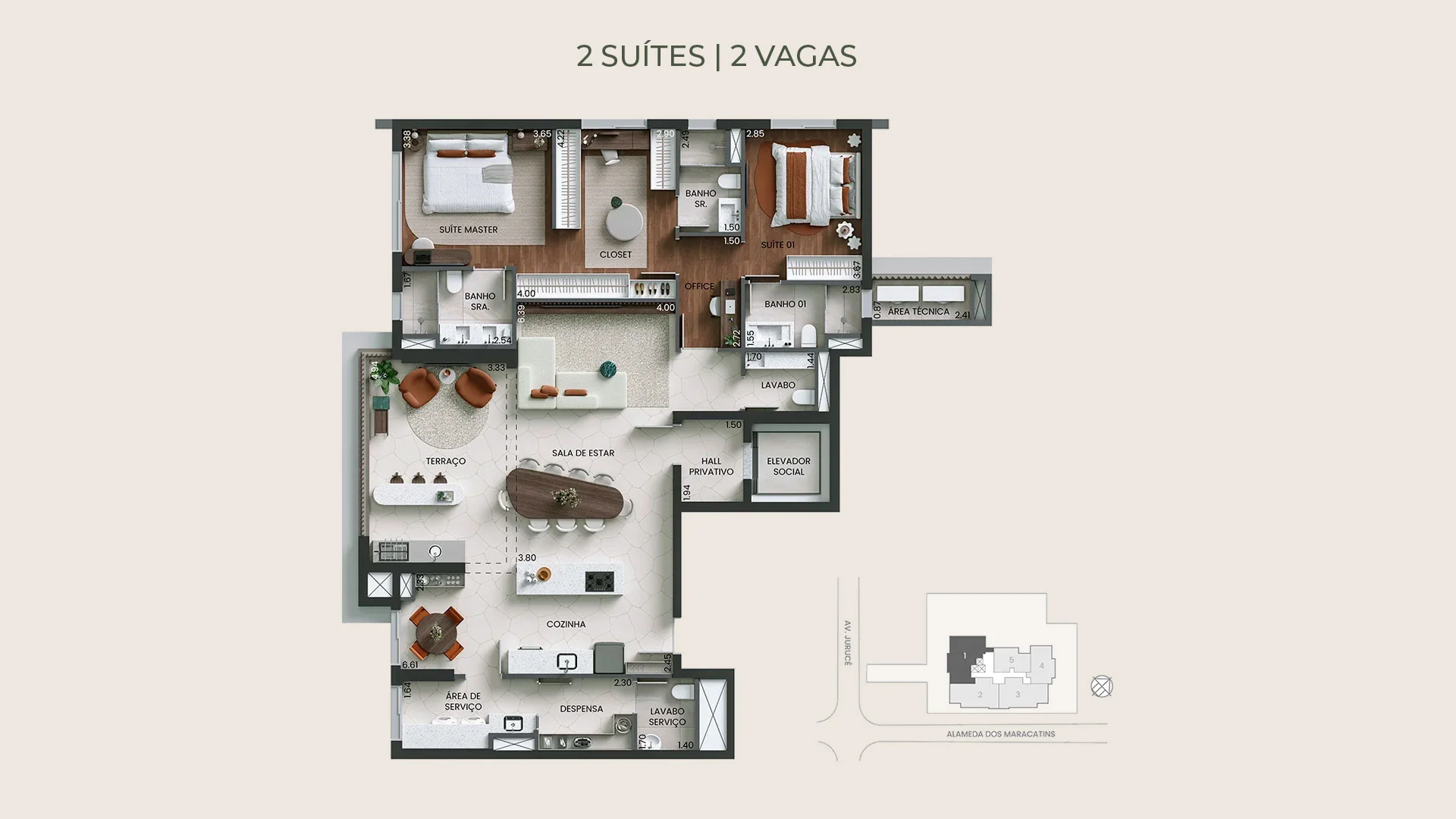 Alameda Mará, planta-opção de 153 m² com 2 suítes e living ampliado | curadoria iApartamentos | Moema