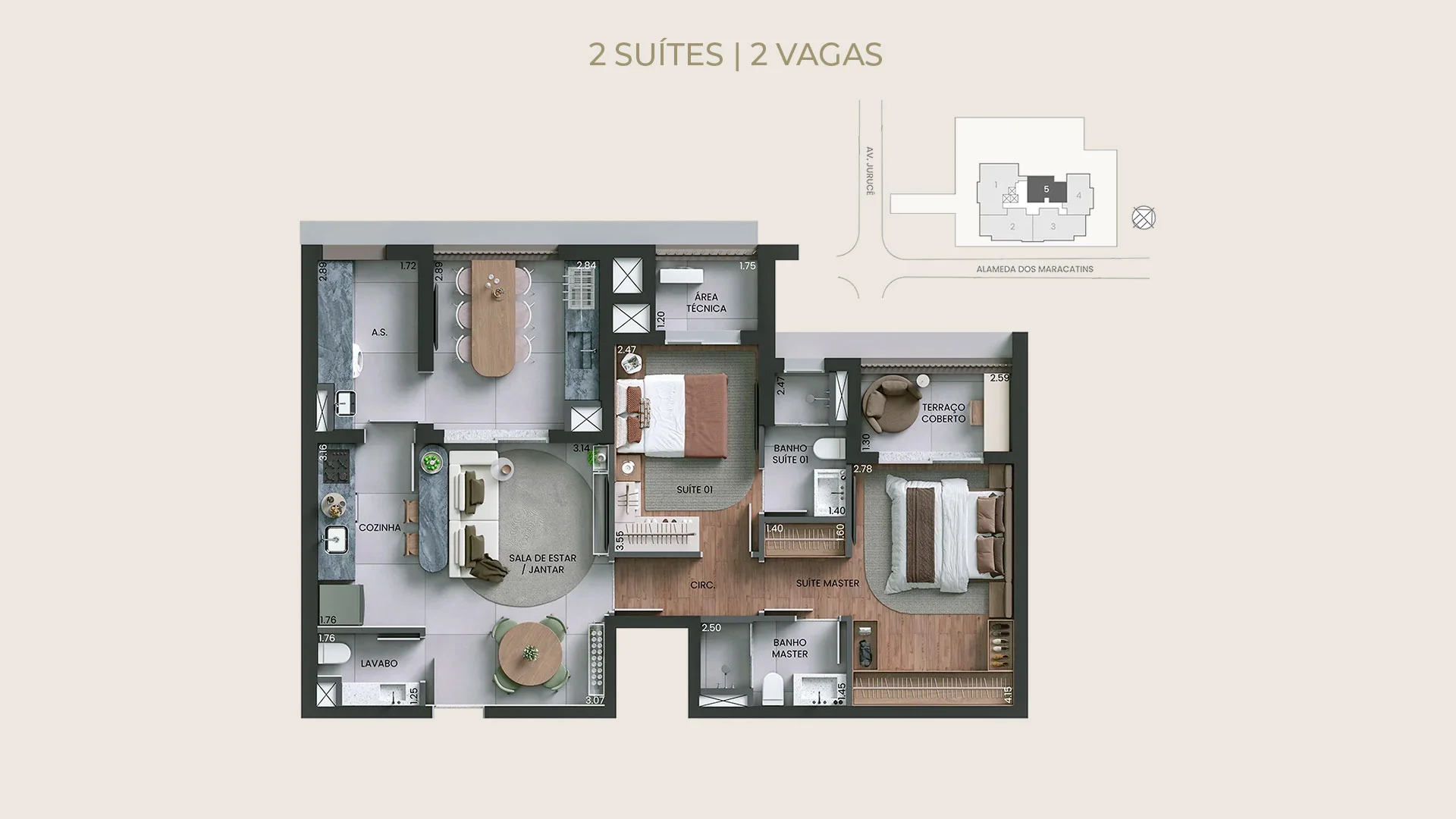 Alameda Mará, planta de 87 m² com 2 suítes e 2 vagas | curadoria iApartamentos | Moema