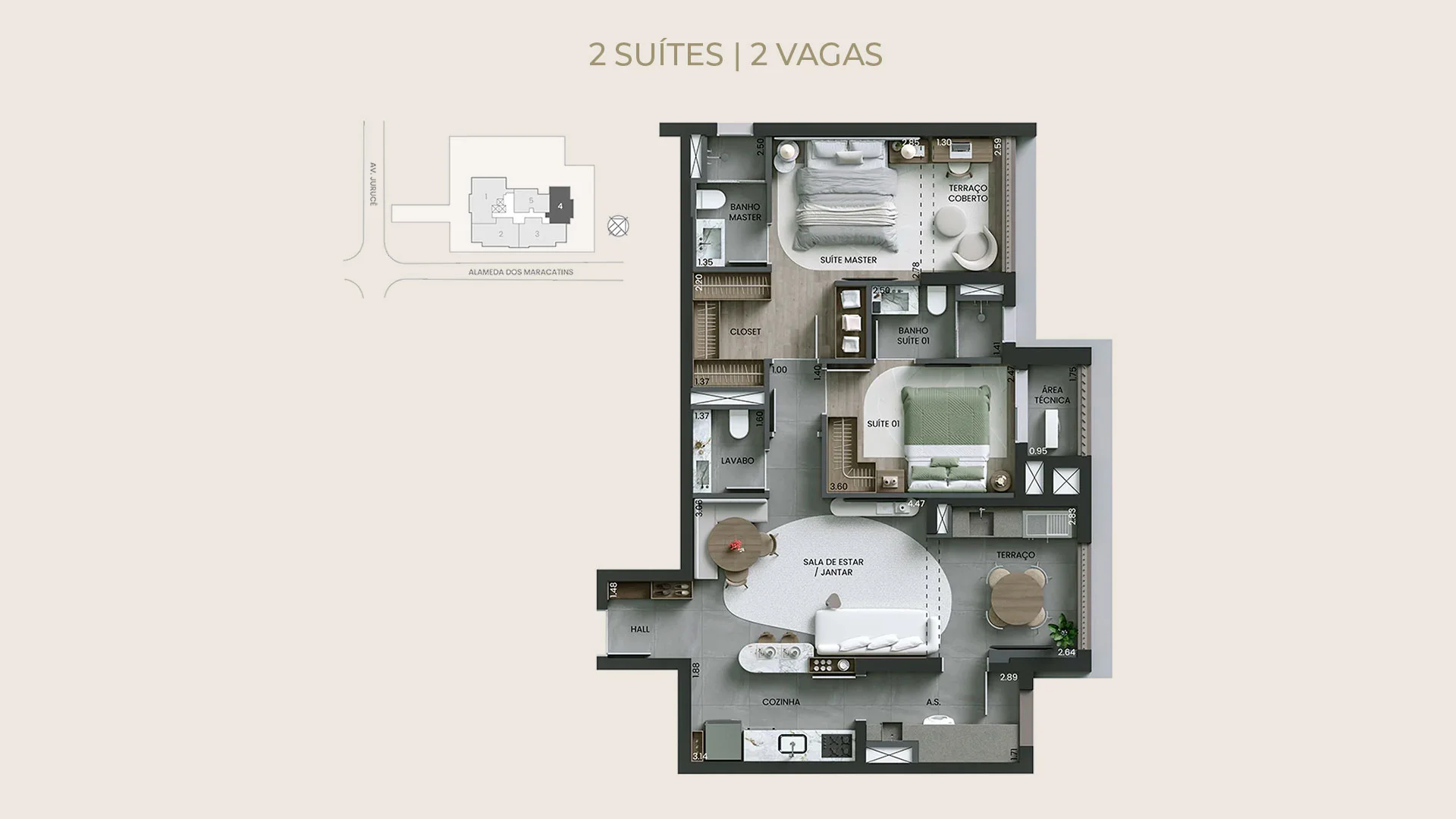 Alameda Mará, planta de 89 m² com 2 suítes e 2 vagas | curadoria iApartamentos | Moema