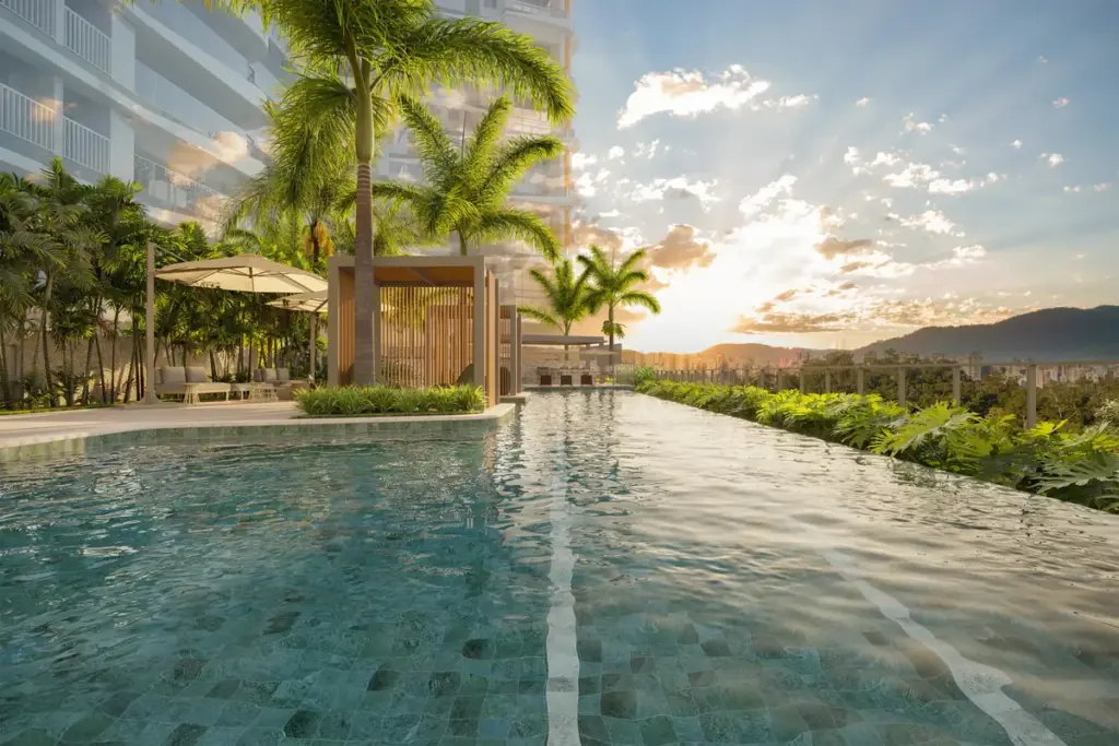 Piscina Externa Com Cabana De Madeira, Guarda-Sóis E Paisagismo Tropical Ao Pôr Do Sol No Casa Parque Cerâmica Em São Caetano Do Sul