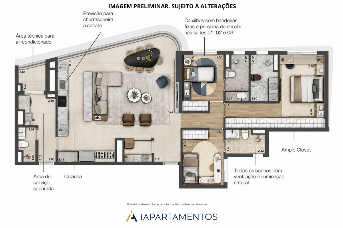 Planta humanizada de 133 m² com 3 suítes, amplo closet, cozinha e área de serviço separada no Casa Parque Cerâmica