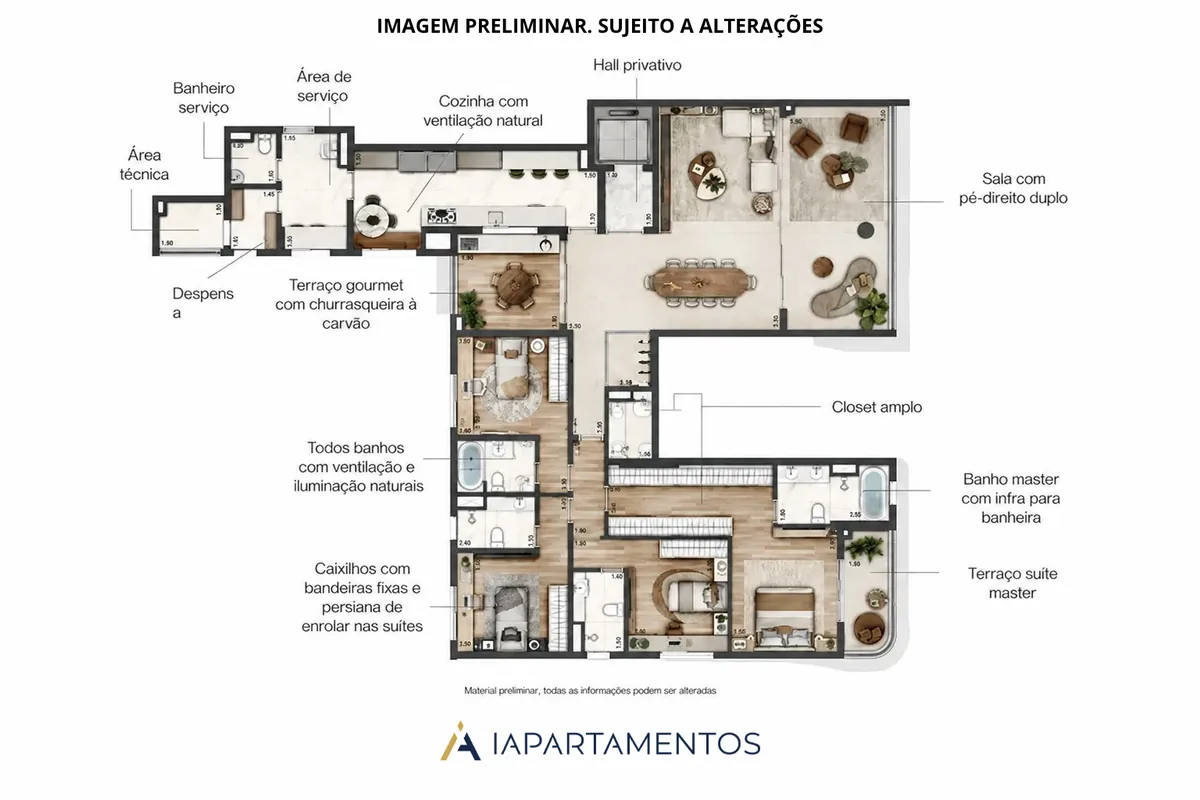 Planta humanizada de 175 m² com sala de pé-direito duplo, terraço gourmet com churrasqueira e suíte master com terraço no Casa Parque Cerâmica