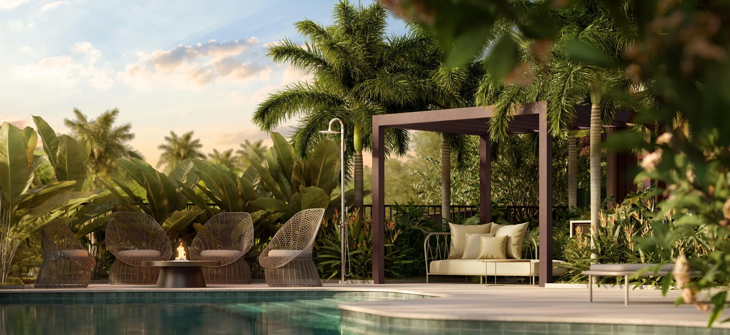 Fraiha Ybirá Chibarás, aqua Pavilion: prainha com pergolado e lareira externa, curadoria iApartamentos, Moema