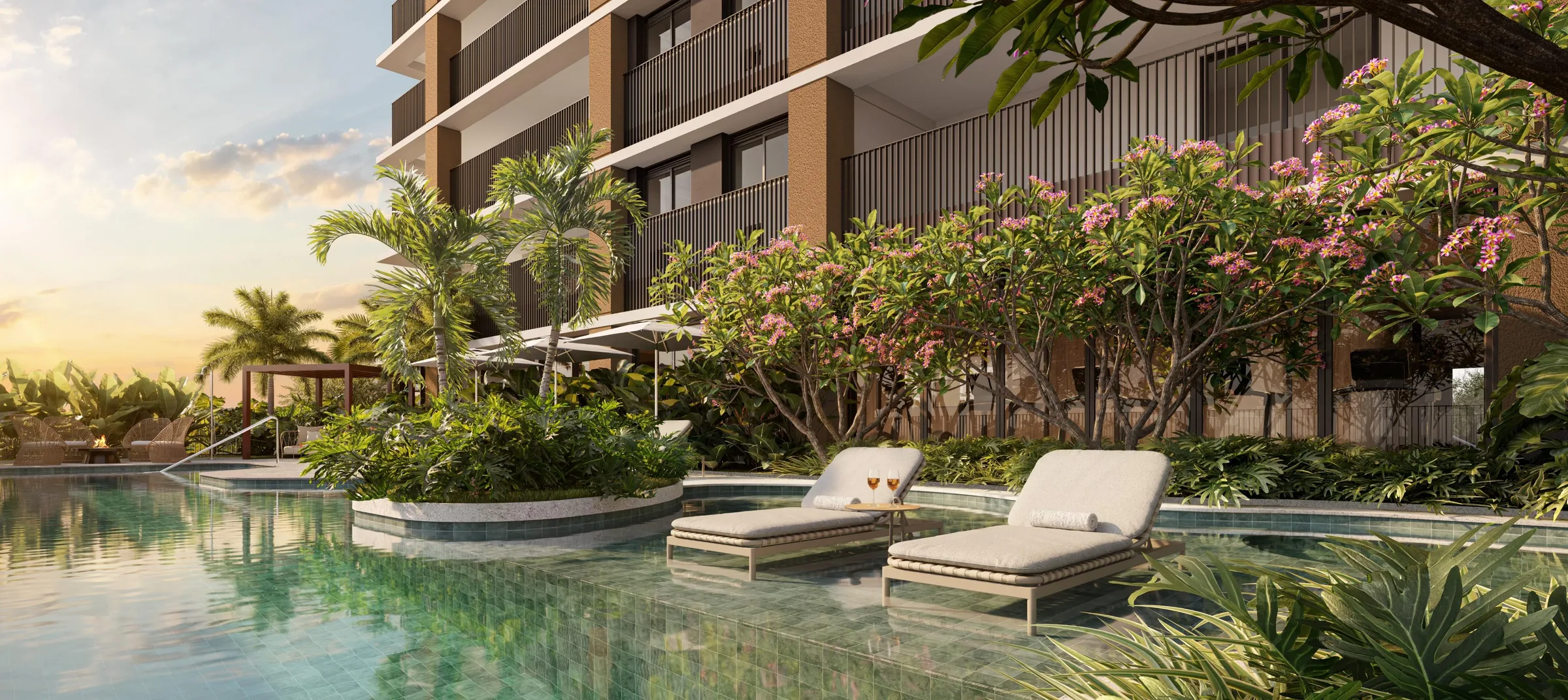 Fraiha Ybirá Chibarás, aqua Pavilion: prainha com espreguiçadeiras dentro da água, curadoria iApartamentos, Moema
