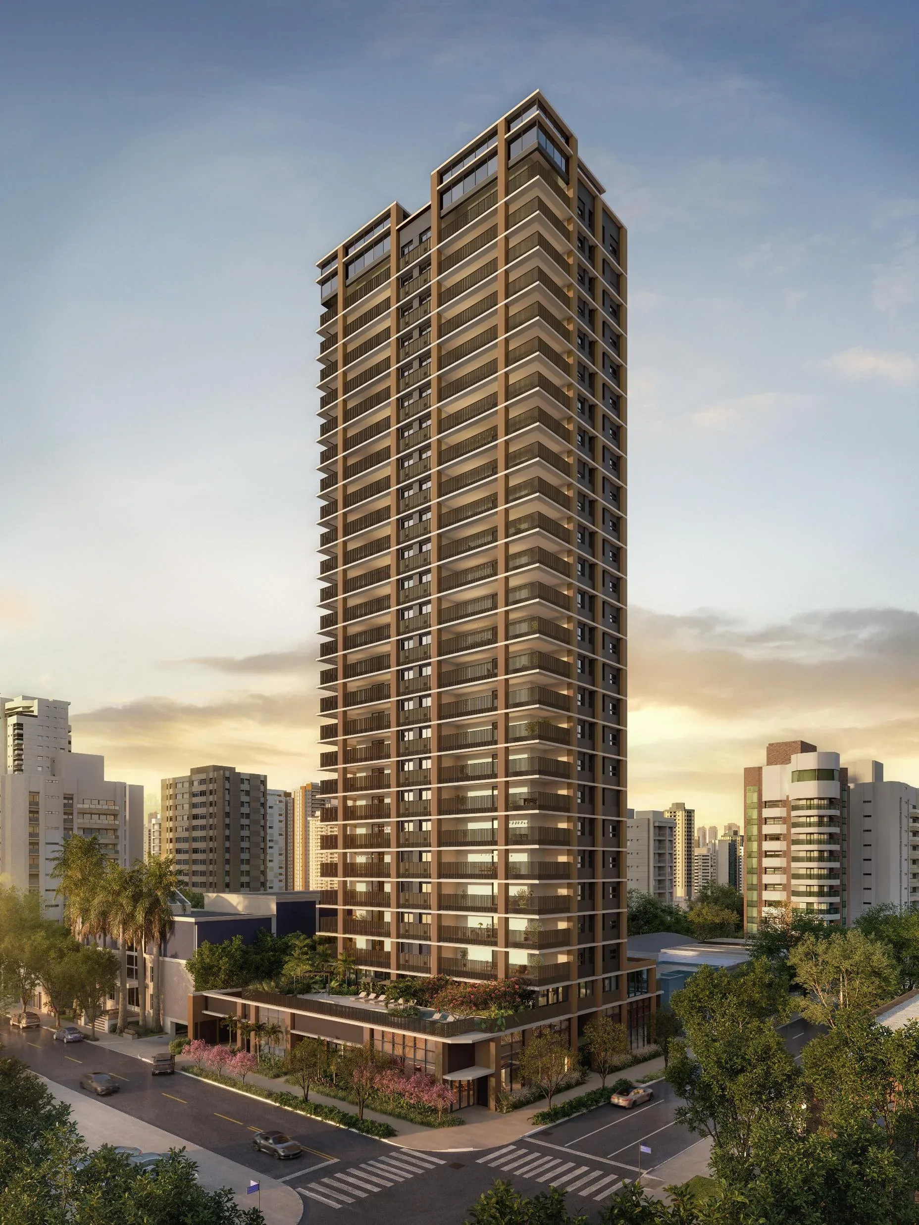 Fraiha Ybirá Chibarás, fachada da torre de 24 pavimentos na esquina da Avenida dos Chibarás com a Alameda dos Maracatins, curadoria iApartamentos, Moema