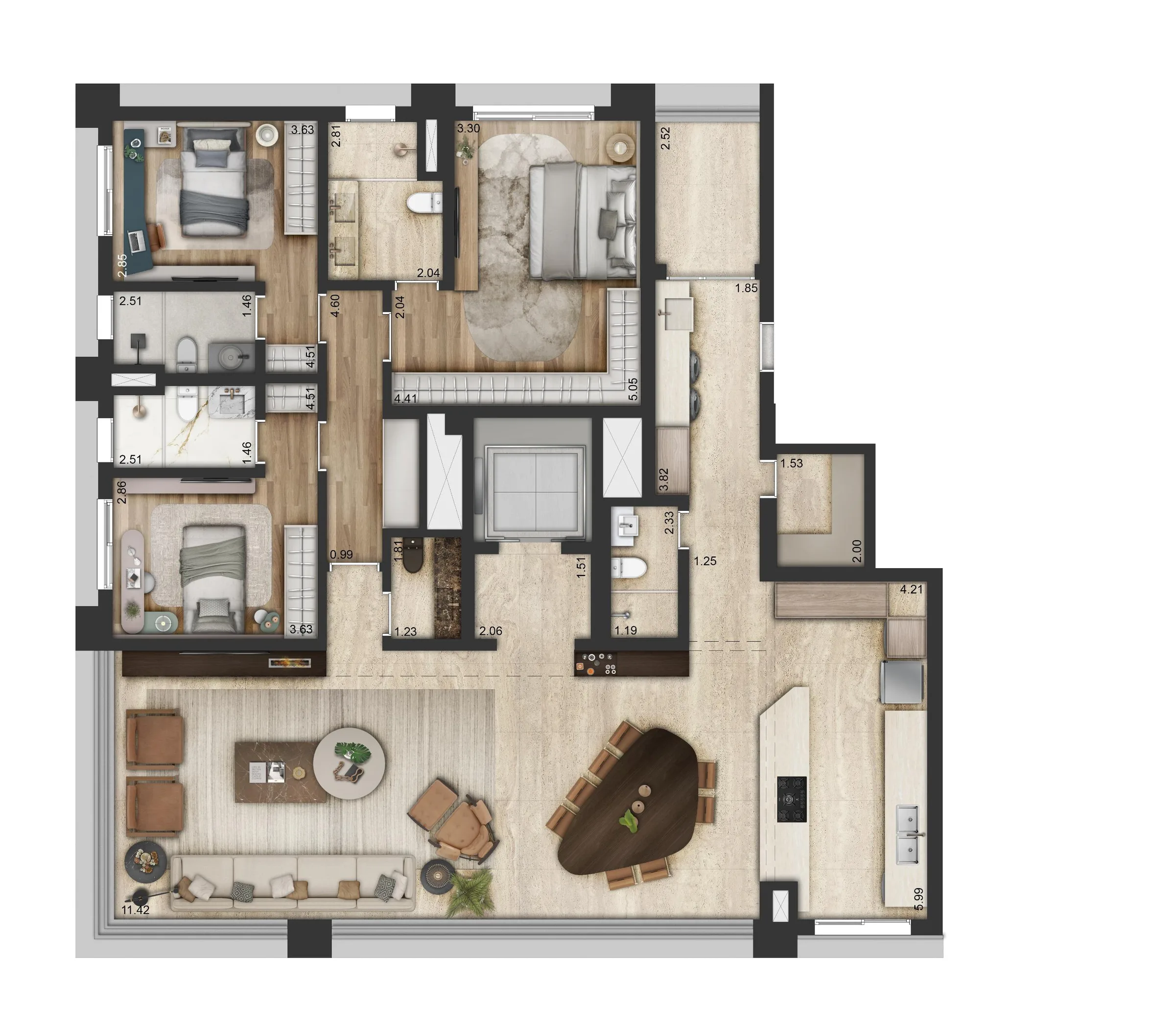 Fraiha Ybirá Chibarás, planta do apartamento decorado de 194 m², com 3 suítes, curadoria iApartamentos, Moema