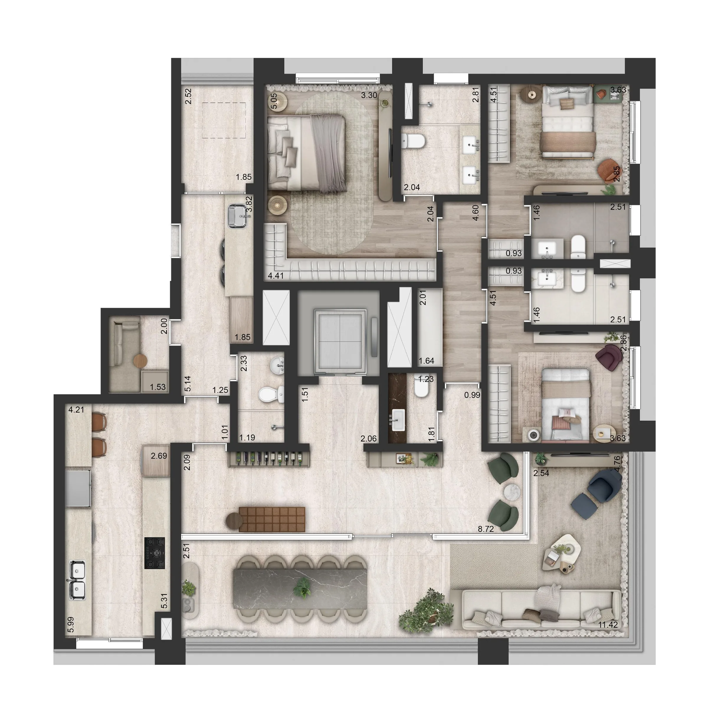 Fraiha Ybirá Chibarás, planta do apartamento de 194 m², final 1, com 3 suítes, curadoria iApartamentos, Moema