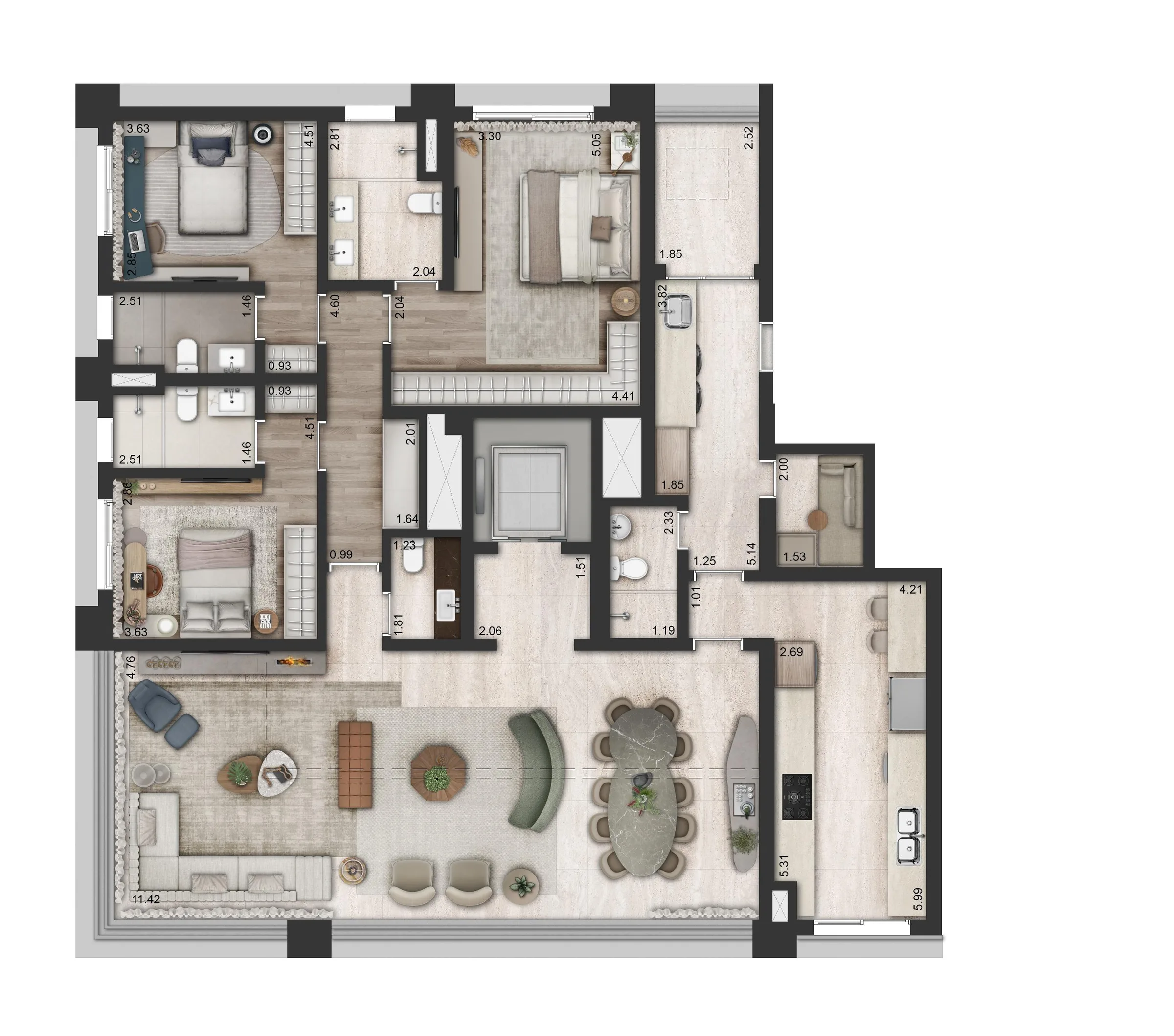 Fraiha Ybirá Chibarás, planta do apartamento de 194 m², final 2, com 3 suítes, curadoria iApartamentos, Moema