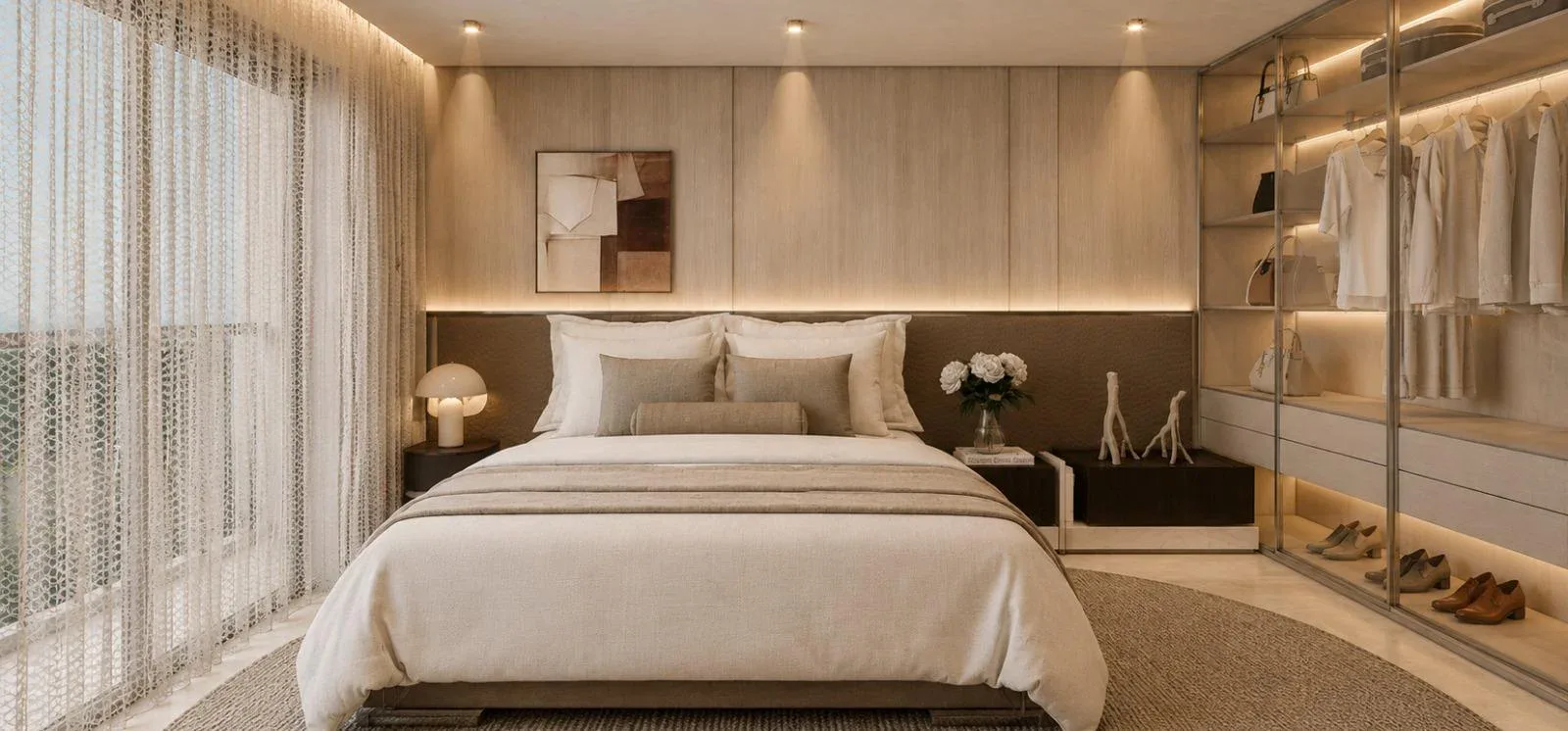 Fraiha Ybirá Chibarás, suíte com closet do apartamento de 194 m², curadoria iApartamentos, Moema
