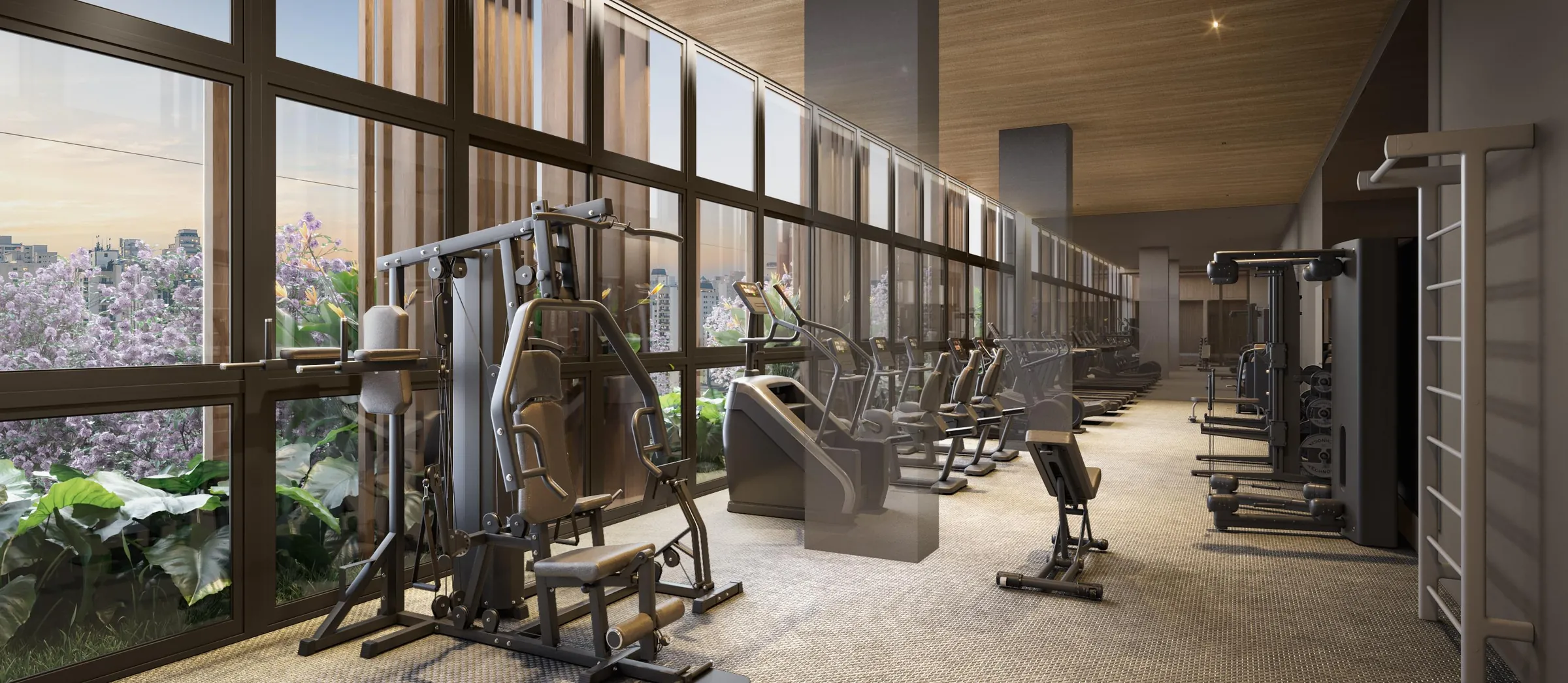 Fraiha Ybirá Jurupis, área de musculação do Amplo Fitness, curadoria iApartamentos, Moema
