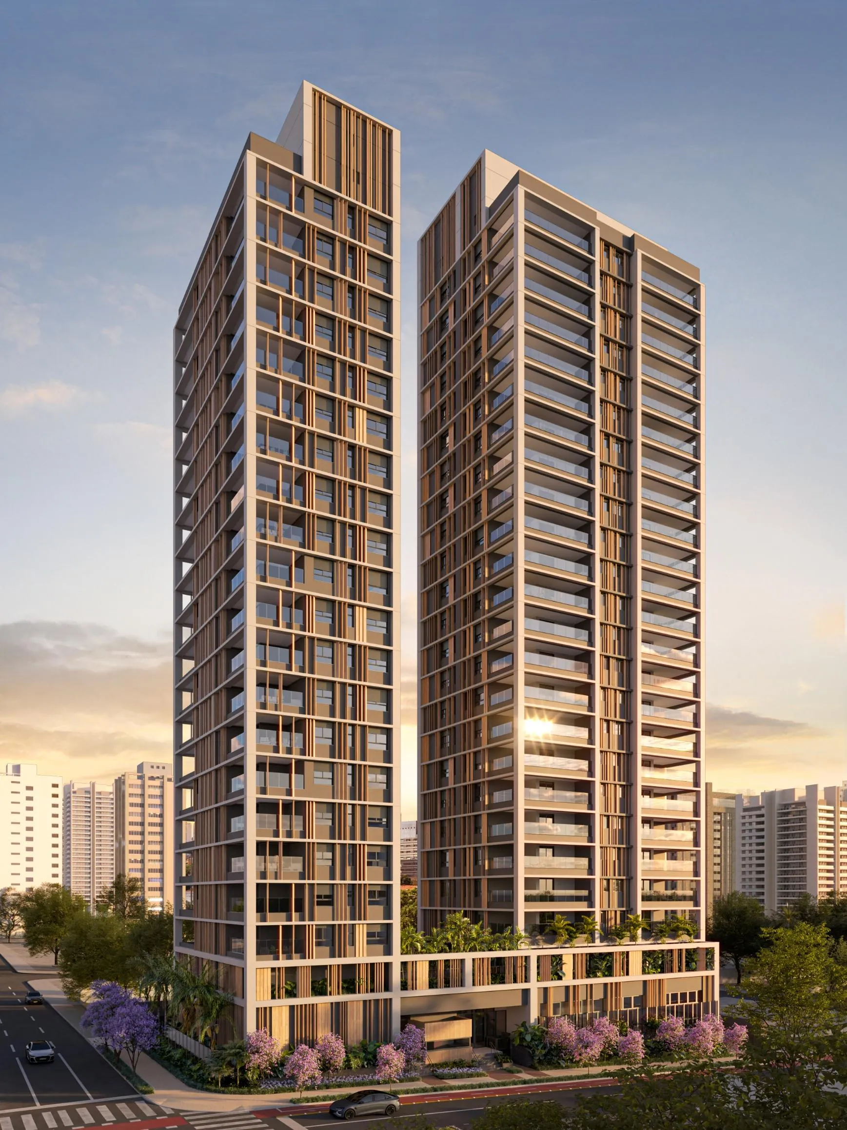 Fraiha Ybirá Jurupis, fachada das duas torres, de 22 e 19 pavimentos, na esquina da Alameda dos Jurupis com a Avenida Moema, curadoria iApartamentos, Moema