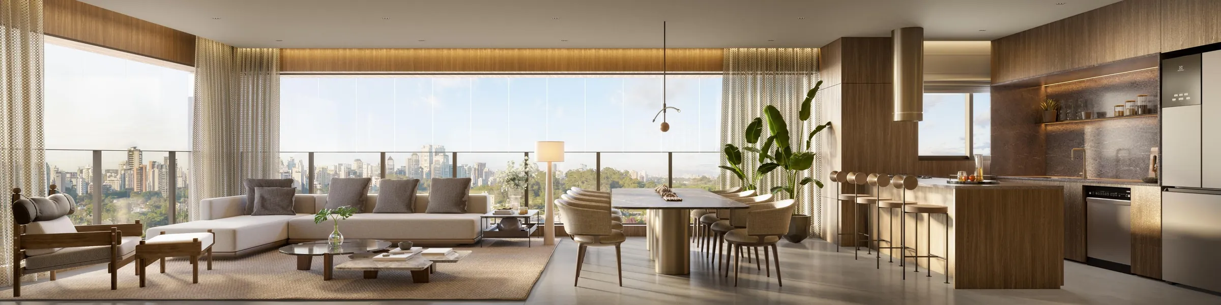 Fraiha Ybirá Jurupis, living e cozinha integrados do apartamento de 166 m², curadoria iApartamentos, Moema
