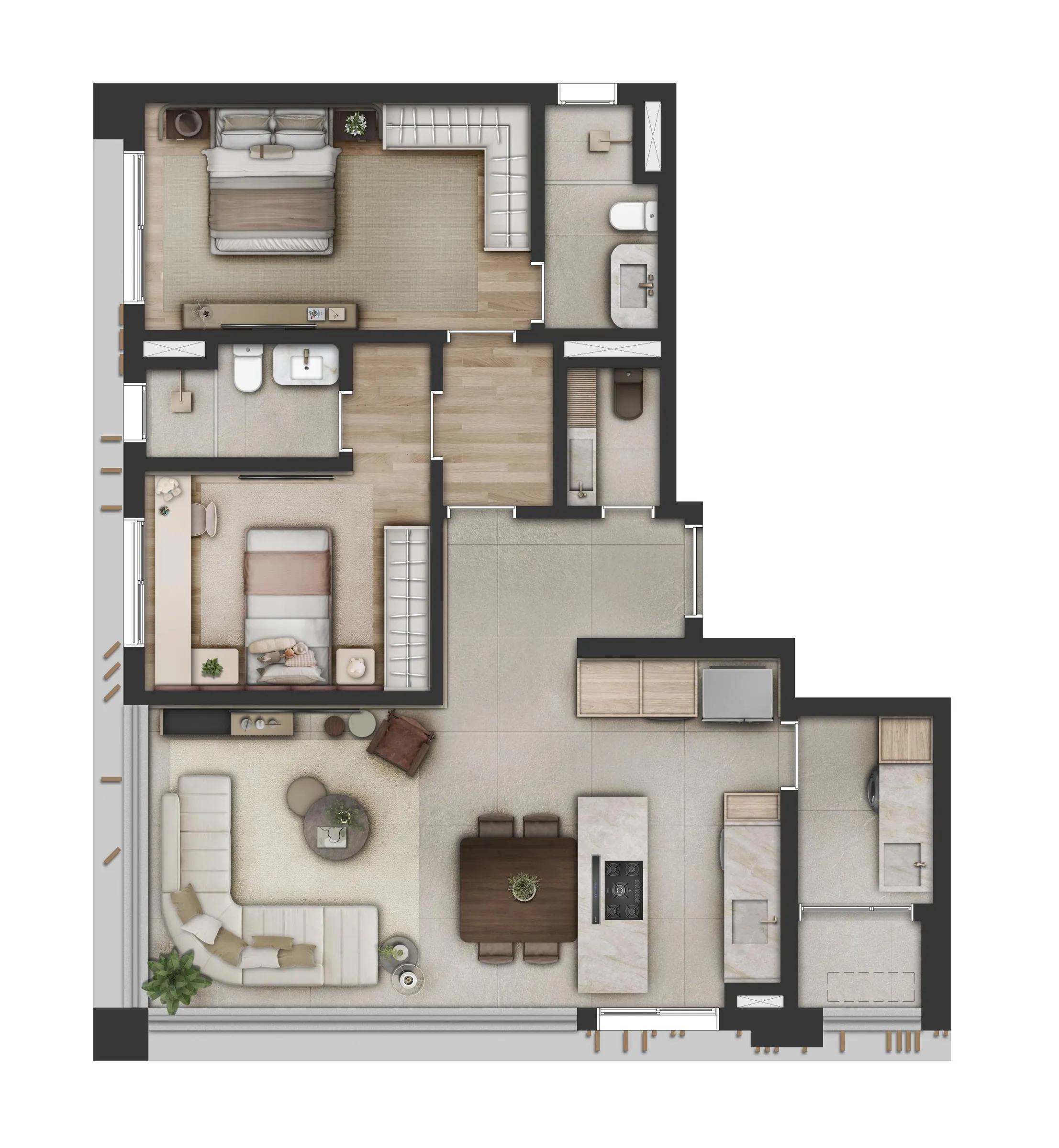 Fraiha Ybirá Jurupis, planta tipo de 103 m² com 2 suítes e living integrado, Torre B, curadoria iApartamentos, Moema