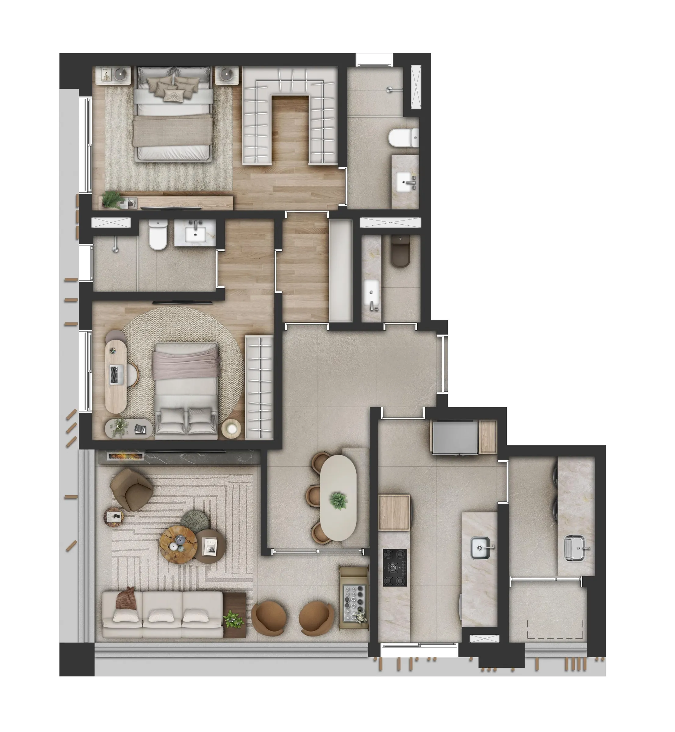 Fraiha Ybirá Jurupis, planta tipo de 103 m² com 2 suítes, Torre B, curadoria iApartamentos, Moema
