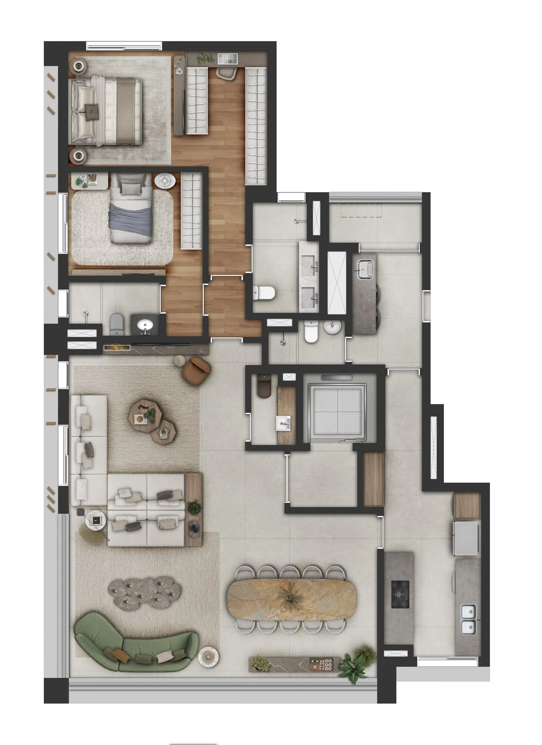 Fraiha Ybirá Jurupis, planta tipo de 166 m² na opção com 2 suítes e living ampliado, Torre A, curadoria iApartamentos, Moema