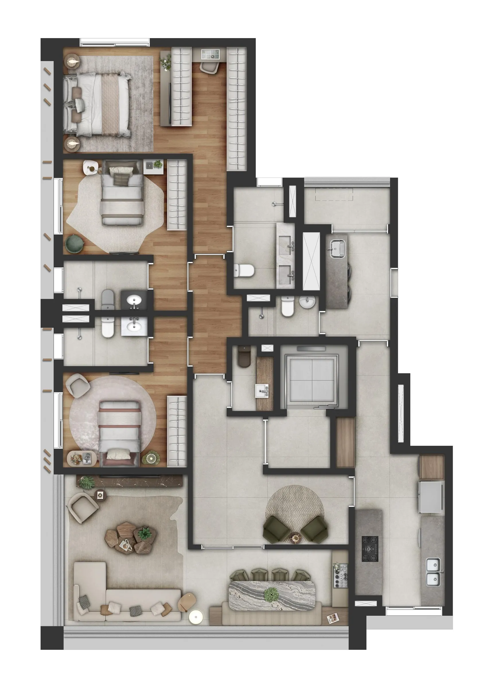 Fraiha Ybirá Jurupis, planta tipo de 166 m² com 3 suítes, Torre A, curadoria iApartamentos, Moema