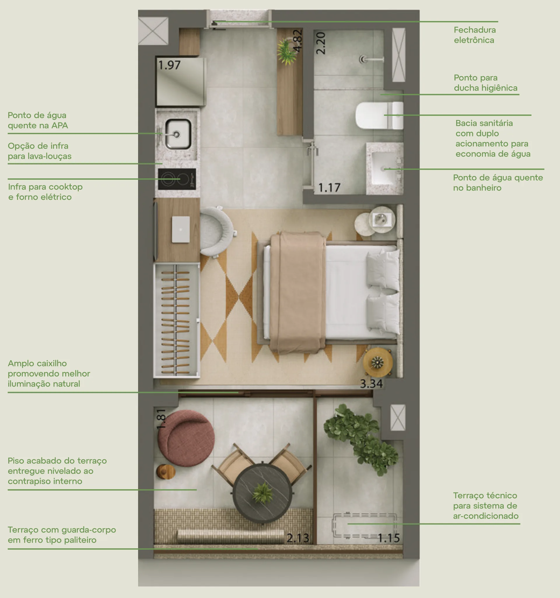 Helbor VM125, planta do studio de 27 m² privativos com terraço, curadoria iApartamentos, Vila Madalena