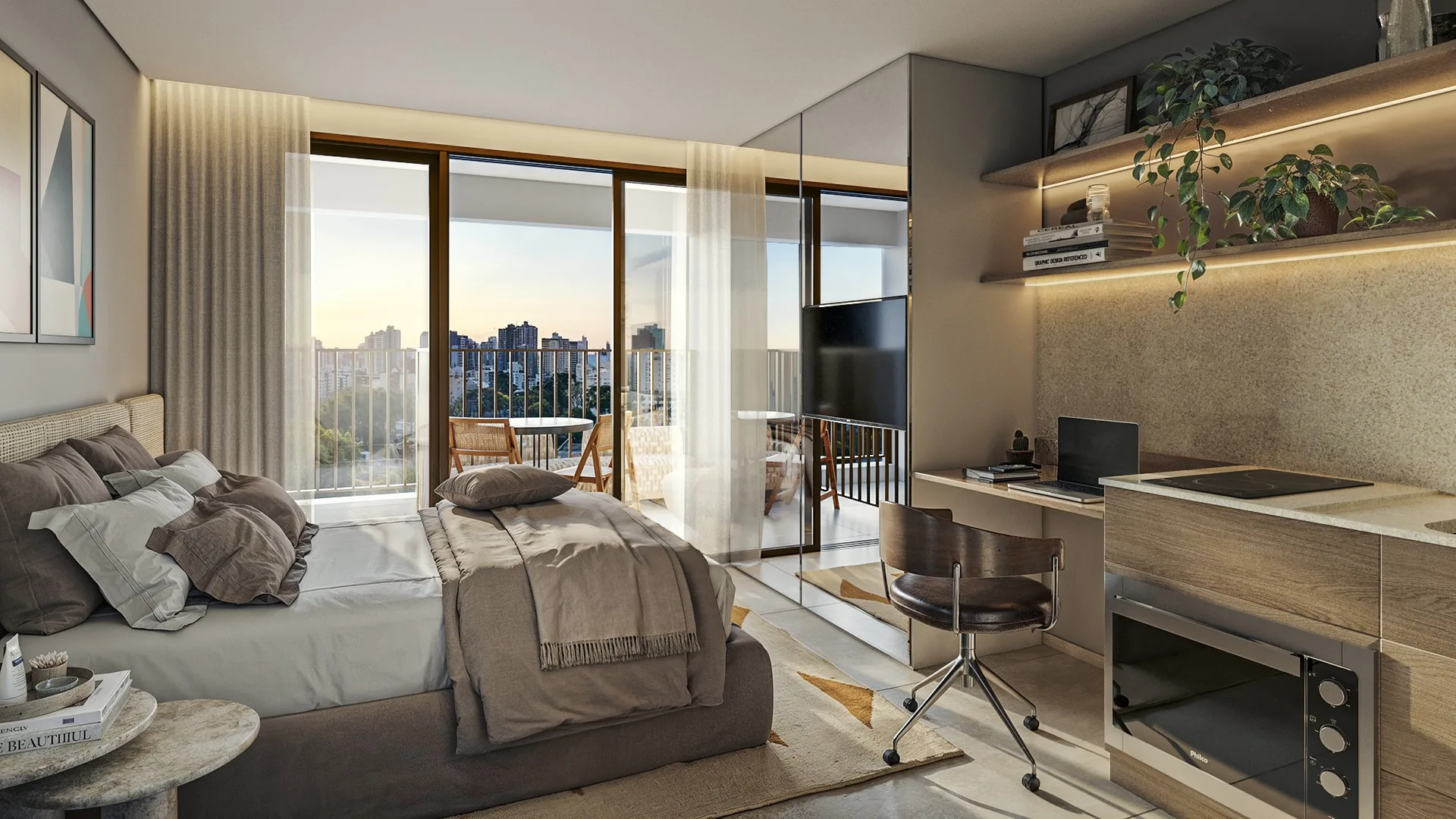 Helbor VM125, studio de 27 m² decorado com cama, bancada e terraço, curadoria iApartamentos, Vila Madalena