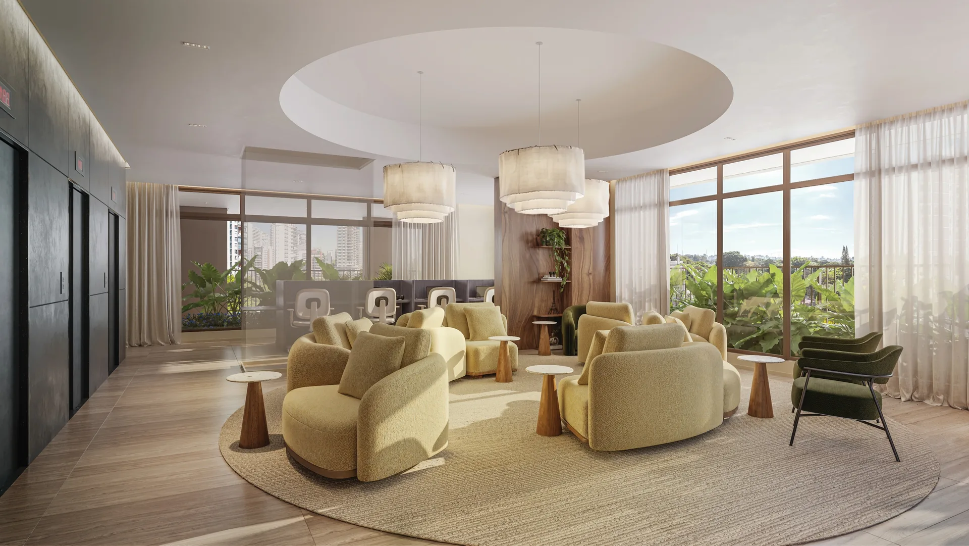 Helbor VM125, lounge com coworking e poltronas, curadoria iApartamentos, Vila Madalena