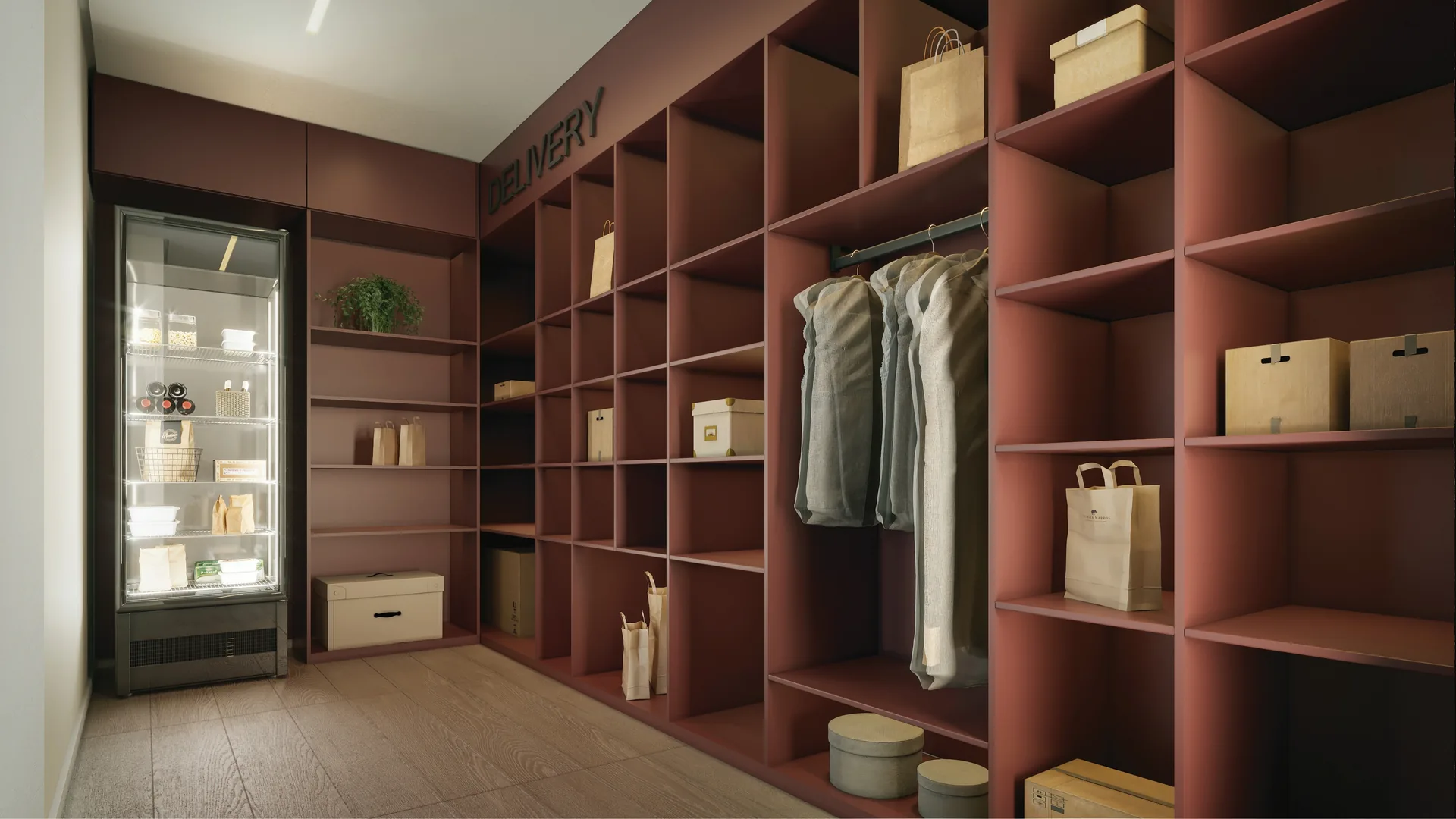Helbor VM125, sala de delivery com geladeira e nichos para encomendas, curadoria iApartamentos, Vila Madalena