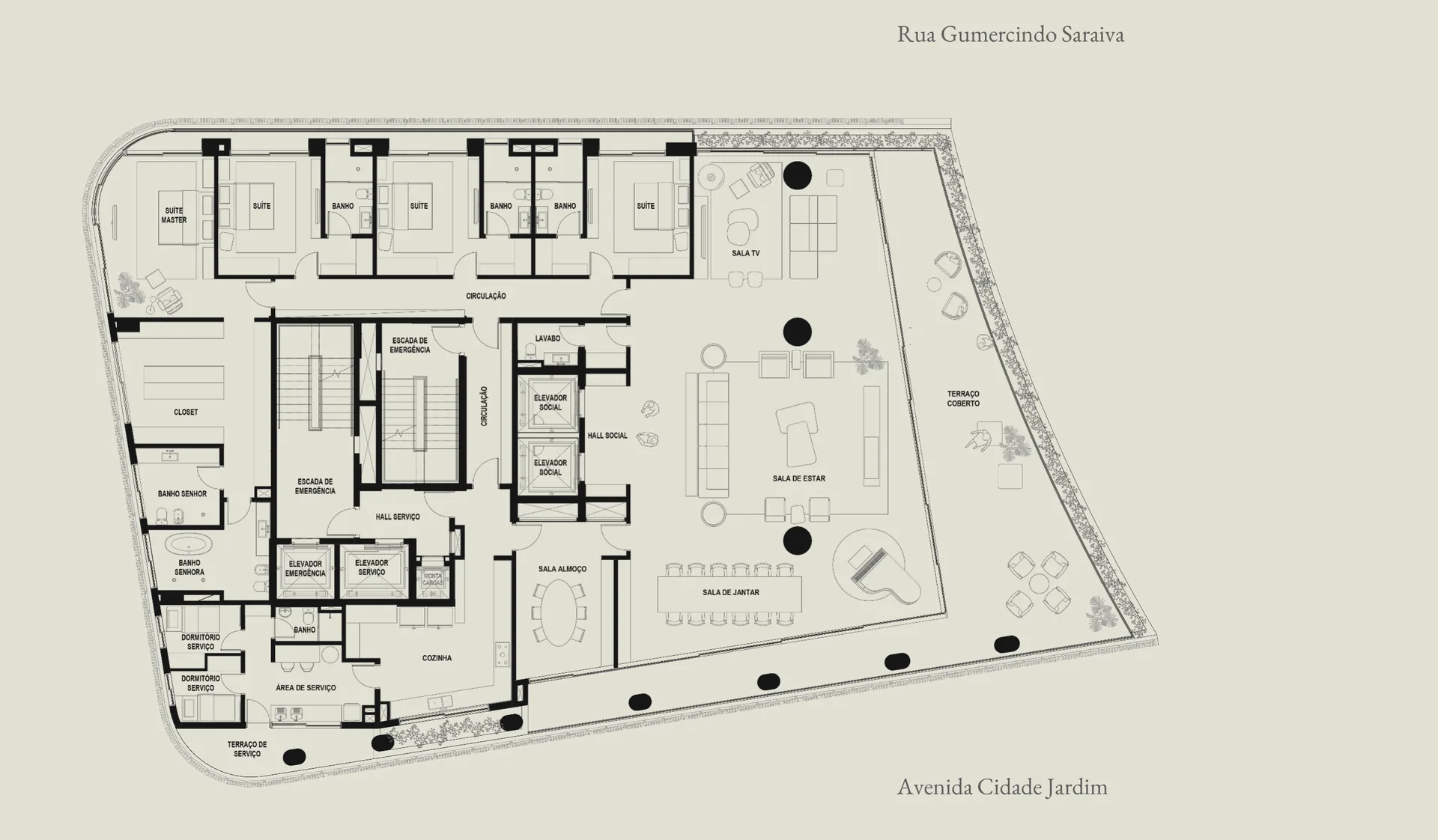 280 ART Boulevard, planta do 6º pavimento com 703 m² privativos e 4 suítes, curadoria iApartamentos, Itaim Bibi