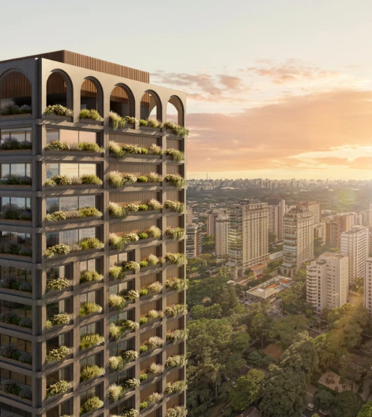 ARCVS Vila Nova Conceição, prévia da fachada com jardineiras e arcos, curadoria iApartamentos, Vila Nova Conceição