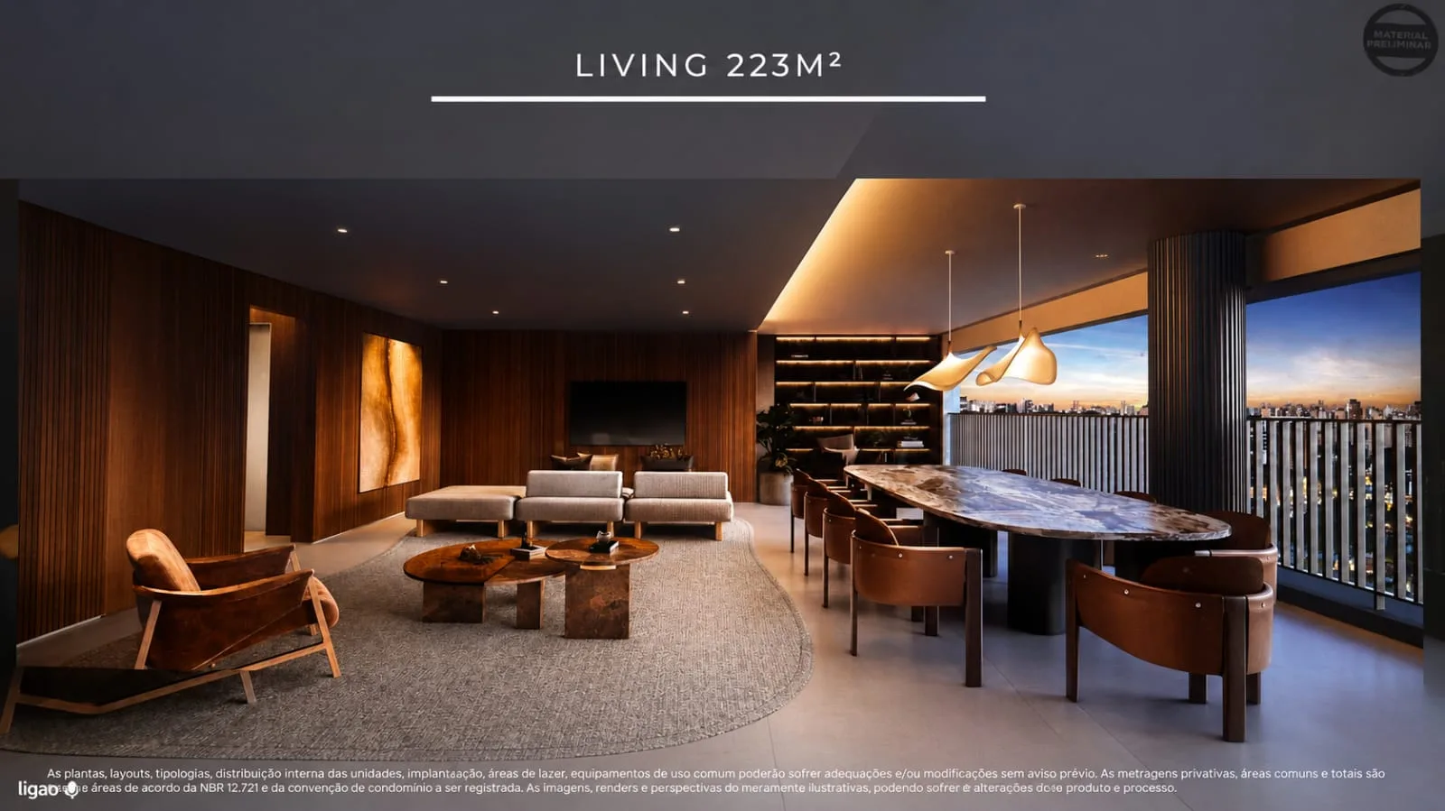 Althea by Mitre, living do apartamento de 223 m² com varanda, curadoria iApartamentos, Campo Belo