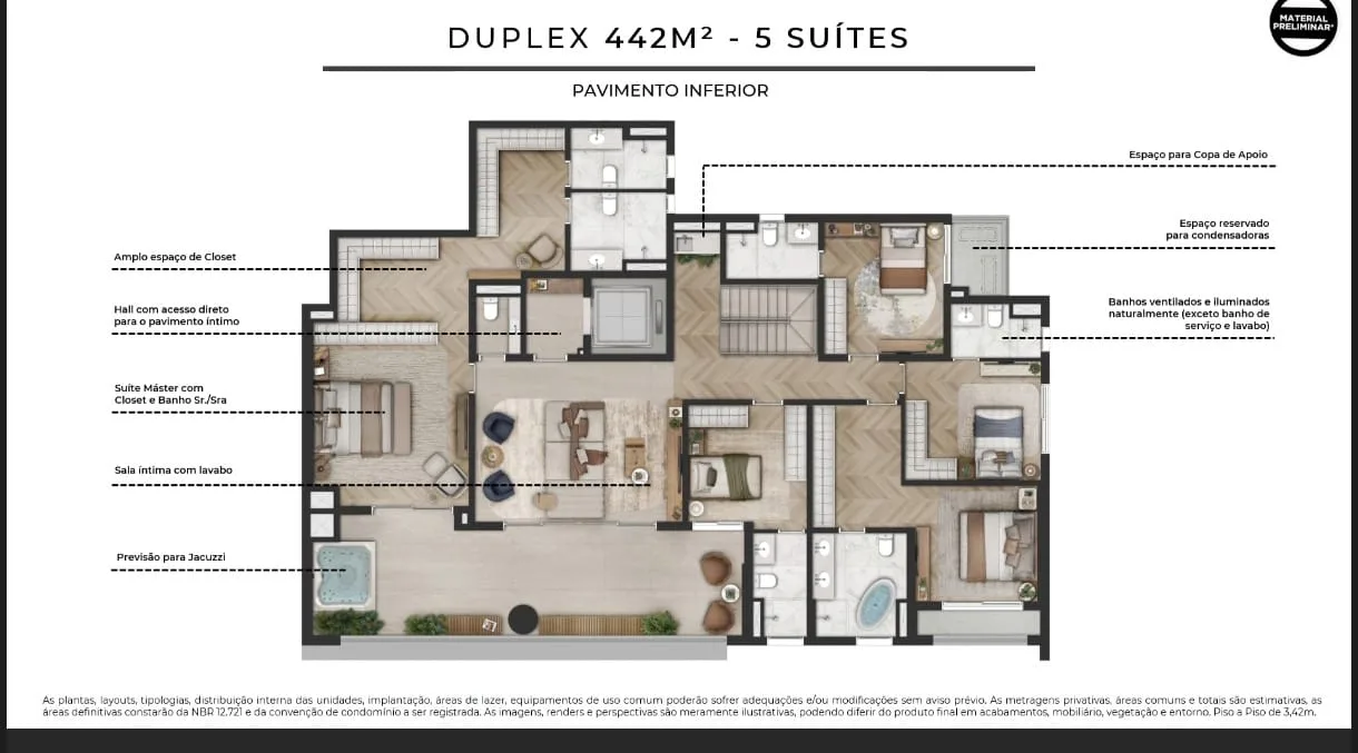 Althea by Mitre, planta da cobertura duplex de 442 m², pavimento inferior, curadoria iApartamentos, Campo Belo