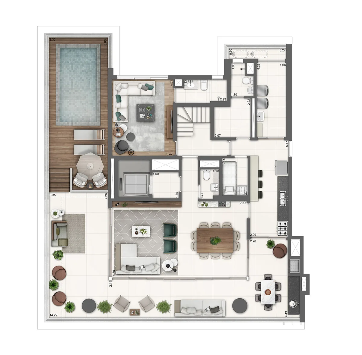 Cobertura Duplex do Balkon Campo Belo, planta do pavimento inferior com living, terraço e piscina privativa, curadoria iApartamentos, Campo Belo