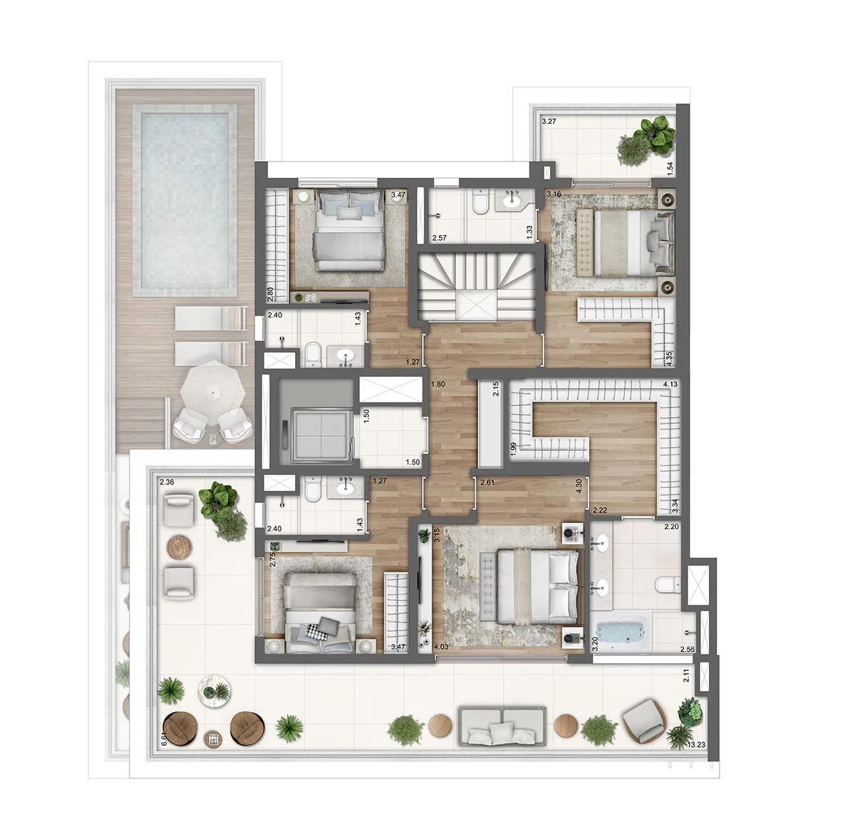 Cobertura Duplex do Balkon Campo Belo, planta do pavimento superior com 4 suítes e terraço, curadoria iApartamentos, Campo Belo