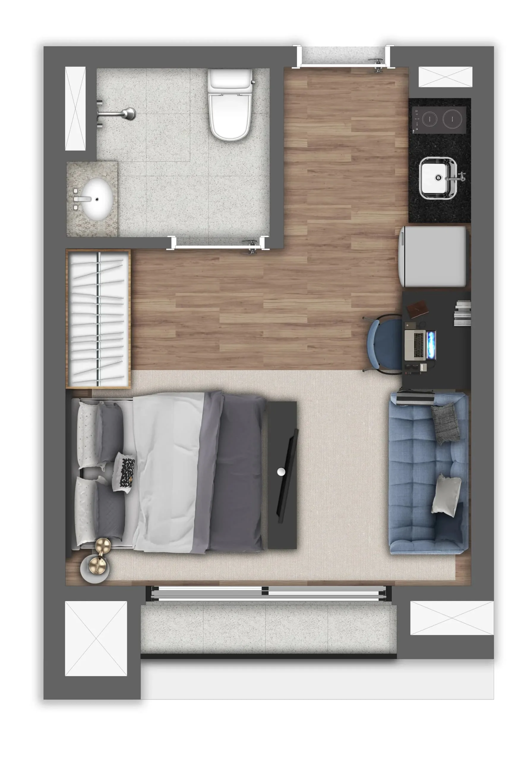 Brooklin Noventa Stay, planta de studio de 23 m², curadoria iApartamentos, Brooklin