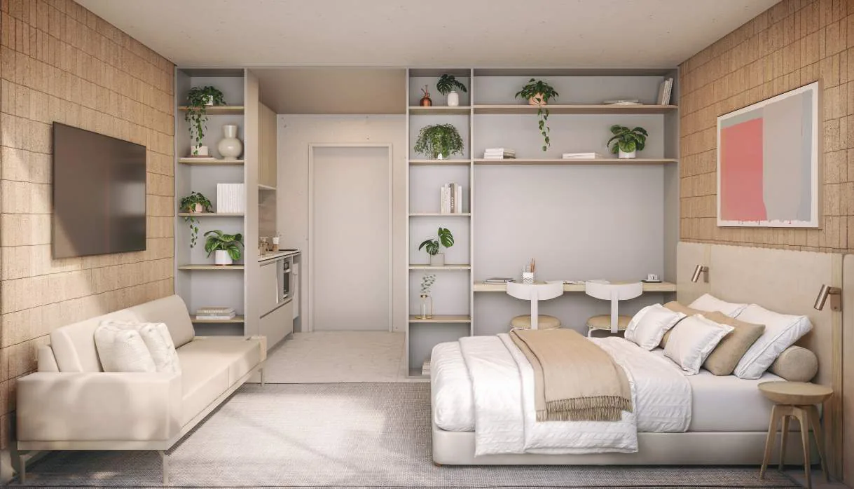 Edifício Paulistano, living do apartamento compacto de 31 m² com cama integrada, curadoria iApartamentos, Jardins