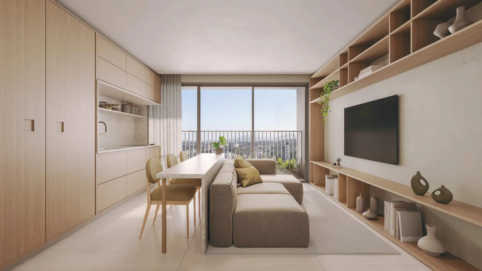 Edifício Paulistano, living integrado à cozinha do apartamento de 46 m², curadoria iApartamentos, Jardins