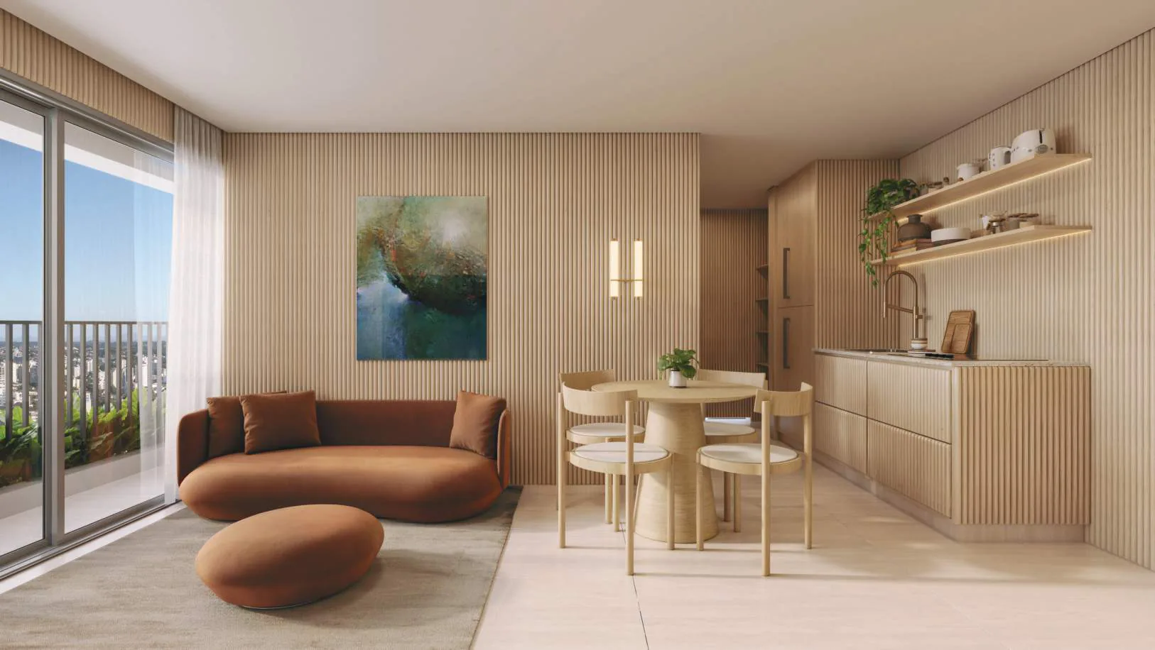 Edifício Paulistano, living com cozinha e varanda do apartamento de 50 m², curadoria iApartamentos, Jardins